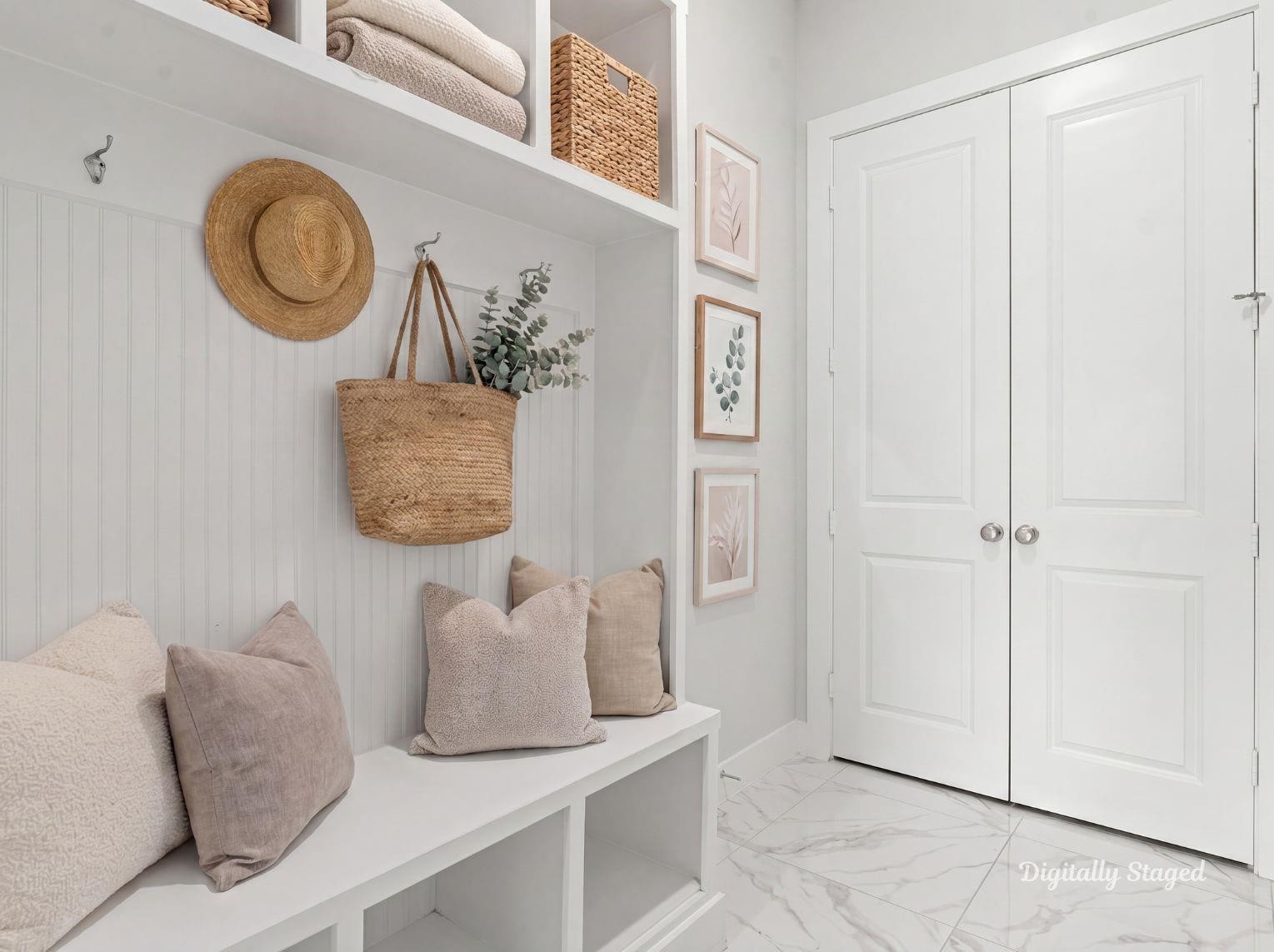 A functional and stylish mudroom
area featuring custom built-in
shelving, a bench with storage
cubbies, and elegant marble-look tile
flooring. This photo has been digitally
staged to illustrate the possibilities of
the homes aesthetic and potential
design. Some furnishings and dcor
shown are for visual inspiration.