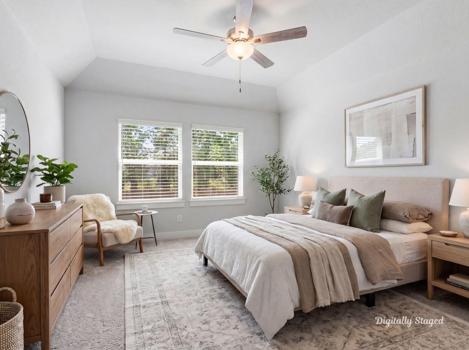 A spacious secondary bedroom
offering high ceilings, soft carpeting,
a ceiling fan, and ample room for a
bed, desk, and storage. This photo
has been digitally staged to illustrate
the possibilities of the homes
aesthetic and potential design. Some
furnishings and dcor shown are for
visual inspiration.