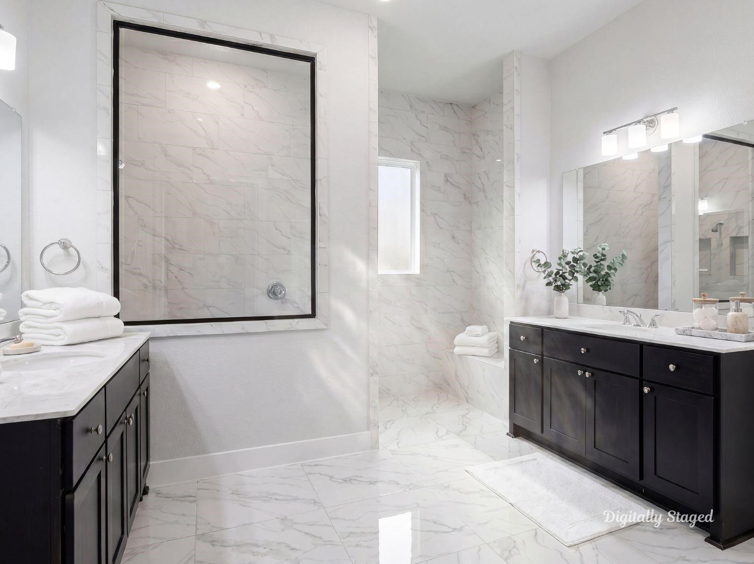 A luxurious primary bathroom
showcasing dual vanities with dark
cabinetry, marble-look tile flooring,
and a seamless transition into a
large walk- in shower. This photo has
been digitally staged to illustrate the
possibilities of the homes aesthetic
and potential design. Some
furnishings and dcor shown are for
visual inspiration.