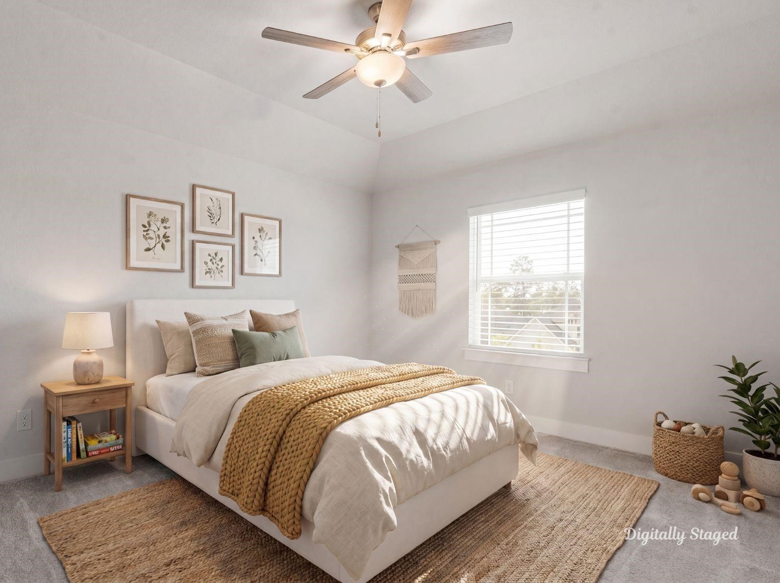 A bright and cozy bedroom complete
with neutral carpeting, a ceiling fan,
and a large window that floods the
space with natural light. This photo
has been digitally staged to illustrate
the possibilities of the homes
aesthetic and potential design. Some
furnishings and dcor shown are for
visual inspiration.