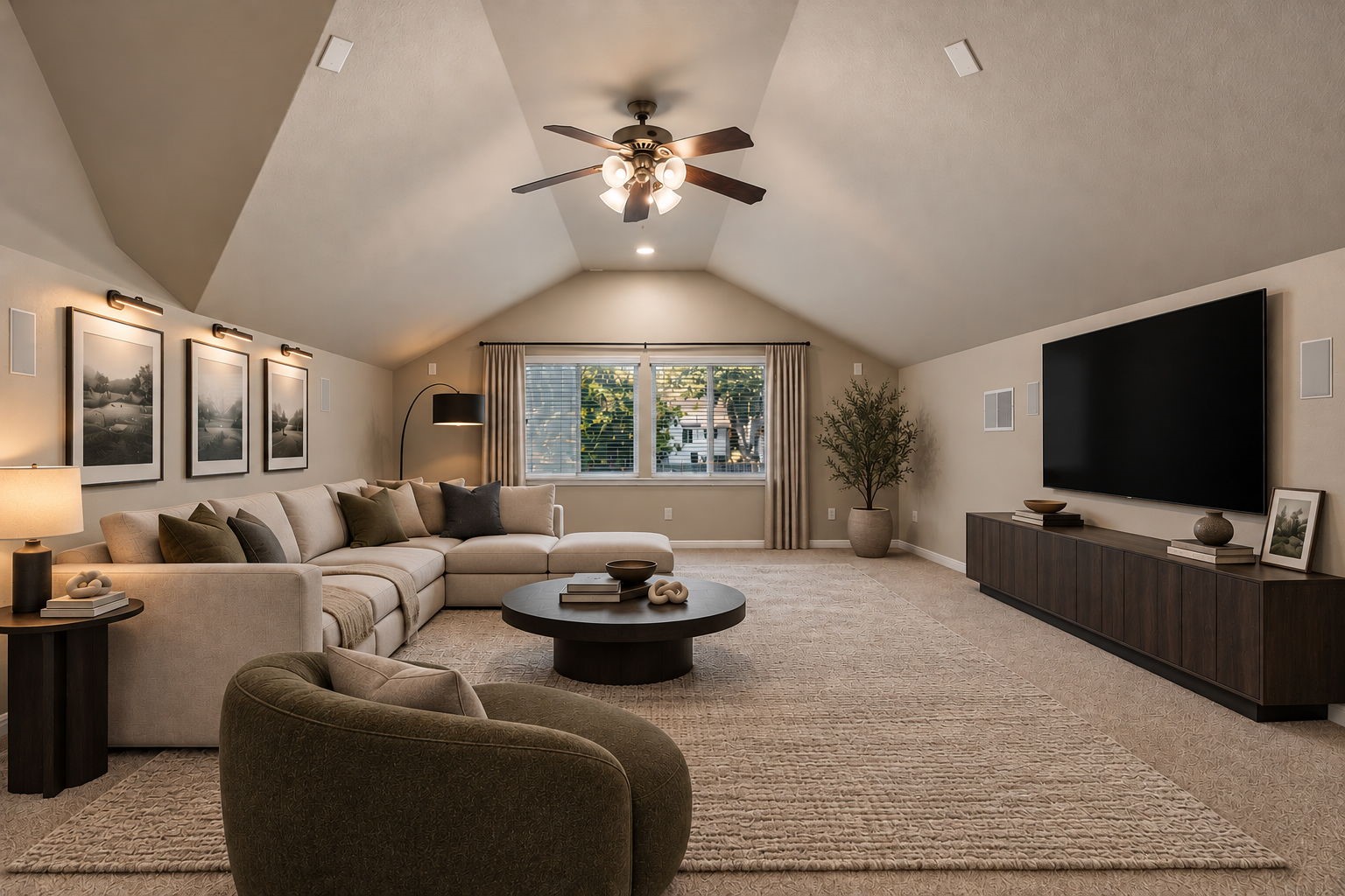Expansive second-floor game room with a walk-in closet and en suite full bathroom, offers versatility as a private in-law retreat, guest suite, or media room (projector & surround sound pre-wired). Expansive second-floor game room with a walk-in closet and en suite full bathroom, offers versatility as a private in-law retreat, guest suite, or media room (projector & surround sound pre-wired).