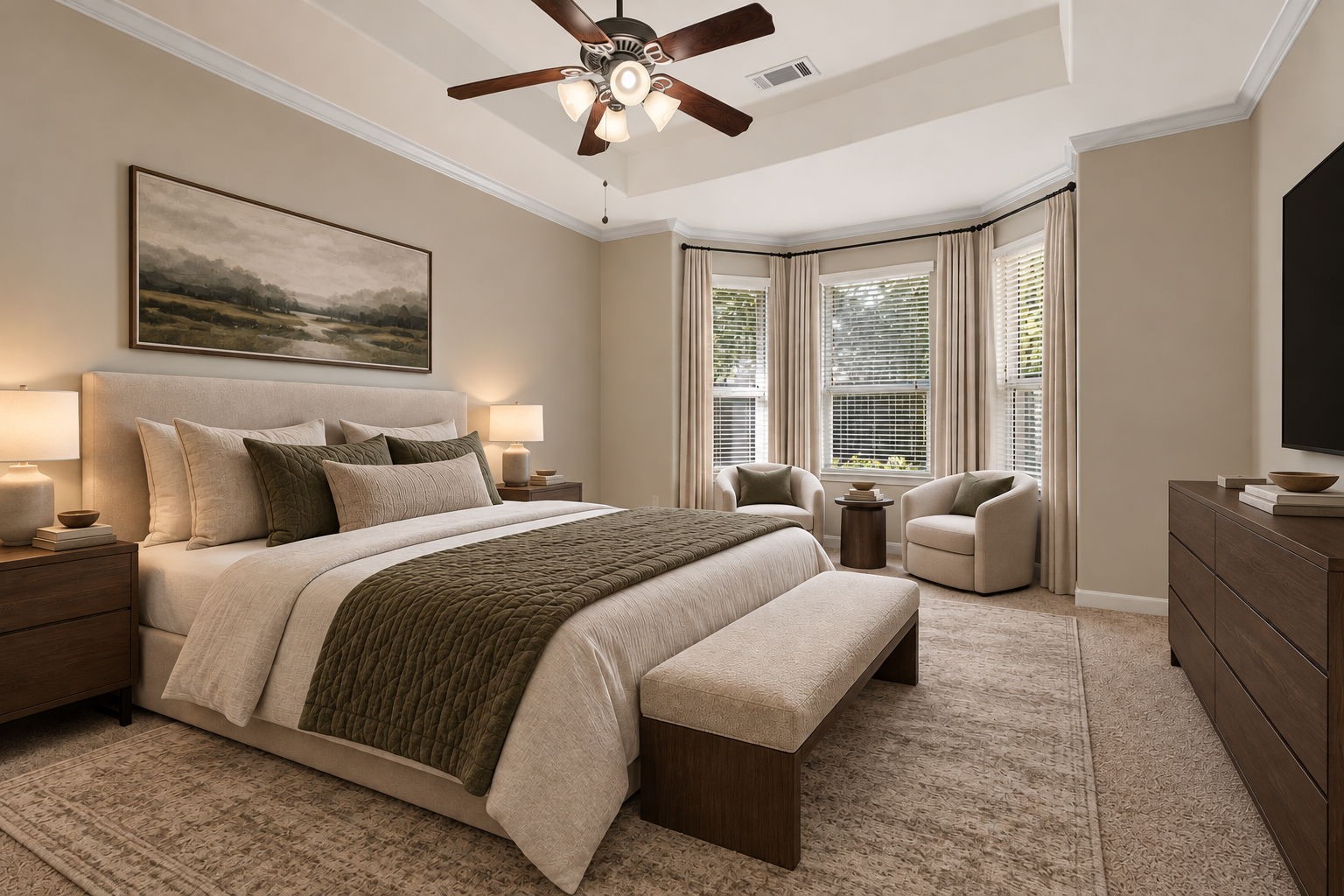 The primary suite features a dramatic recessed ceiling, windows overlooking the secluded backyard, and an en suite bathroom. The primary suite features a dramatic recessed ceiling, windows overlooking the secluded backyard, and an en suite bathroom.