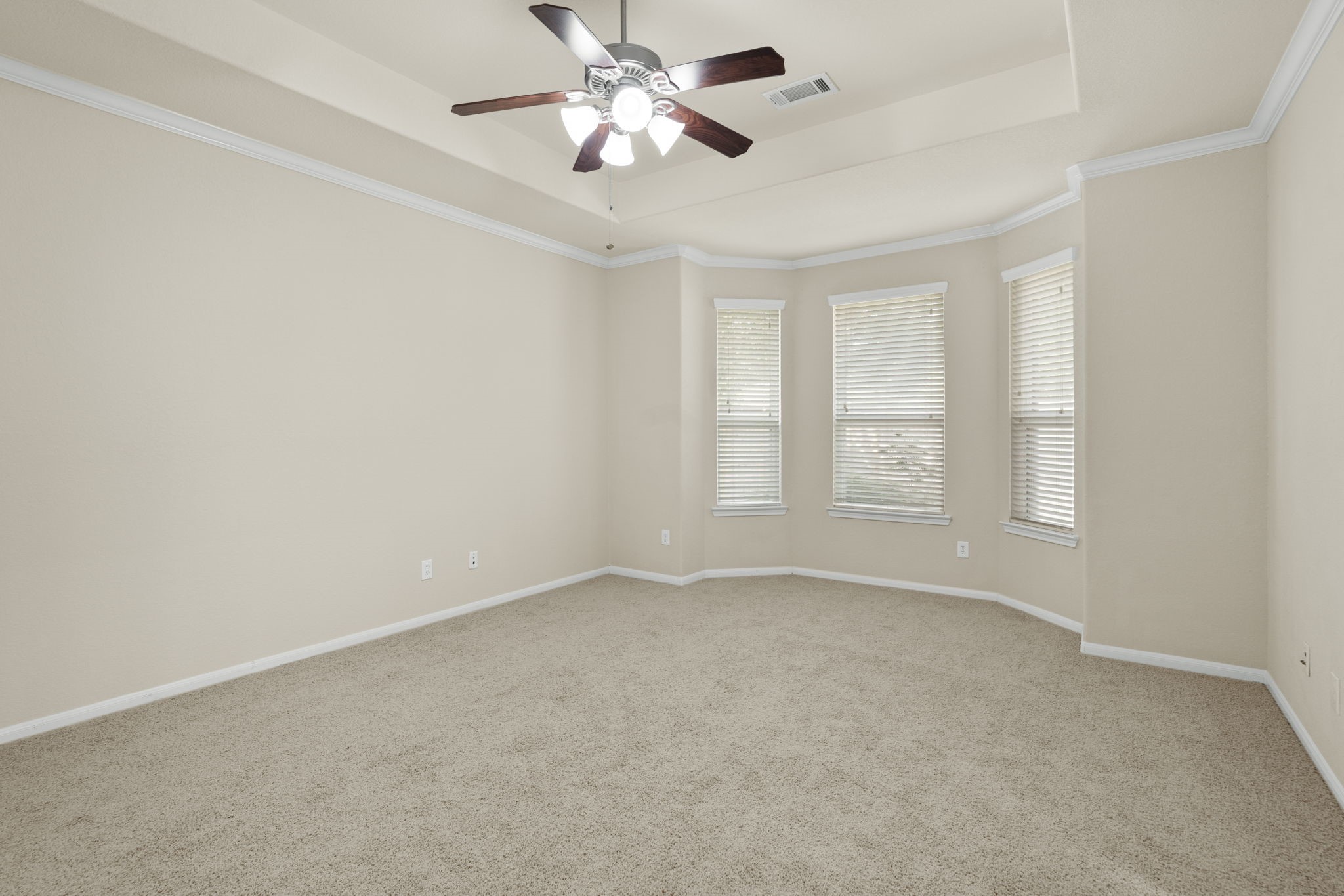 The primary suite features a dramatic recessed ceiling, lighted ceiling fan, bay of three windows overlooking the private backyard, and an en suite bathroom.