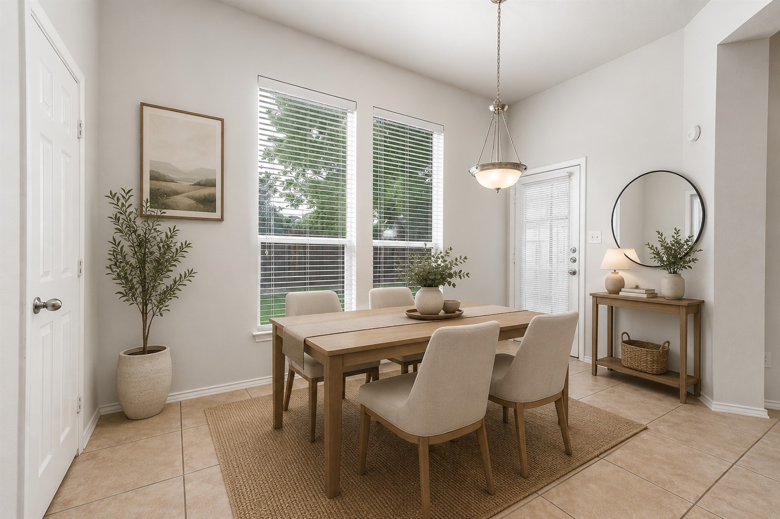 This bright, open space features large windows with blinds, a modern pendant light, and neutral tile flooring. Includes a door leading outside, enhancing natural light and accessibility. Virtually staged to inspire design possibilities