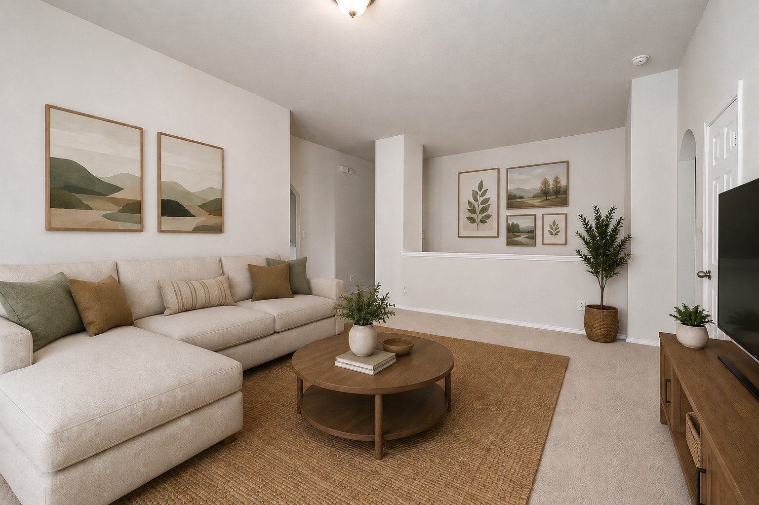 This spacious LOFT features neutral-toned carpet and walls, providing a blank canvas for customization. It includes a partial wall divider and an open doorway, offering potential for versatile use. Virtually staged to inspire design possibilities