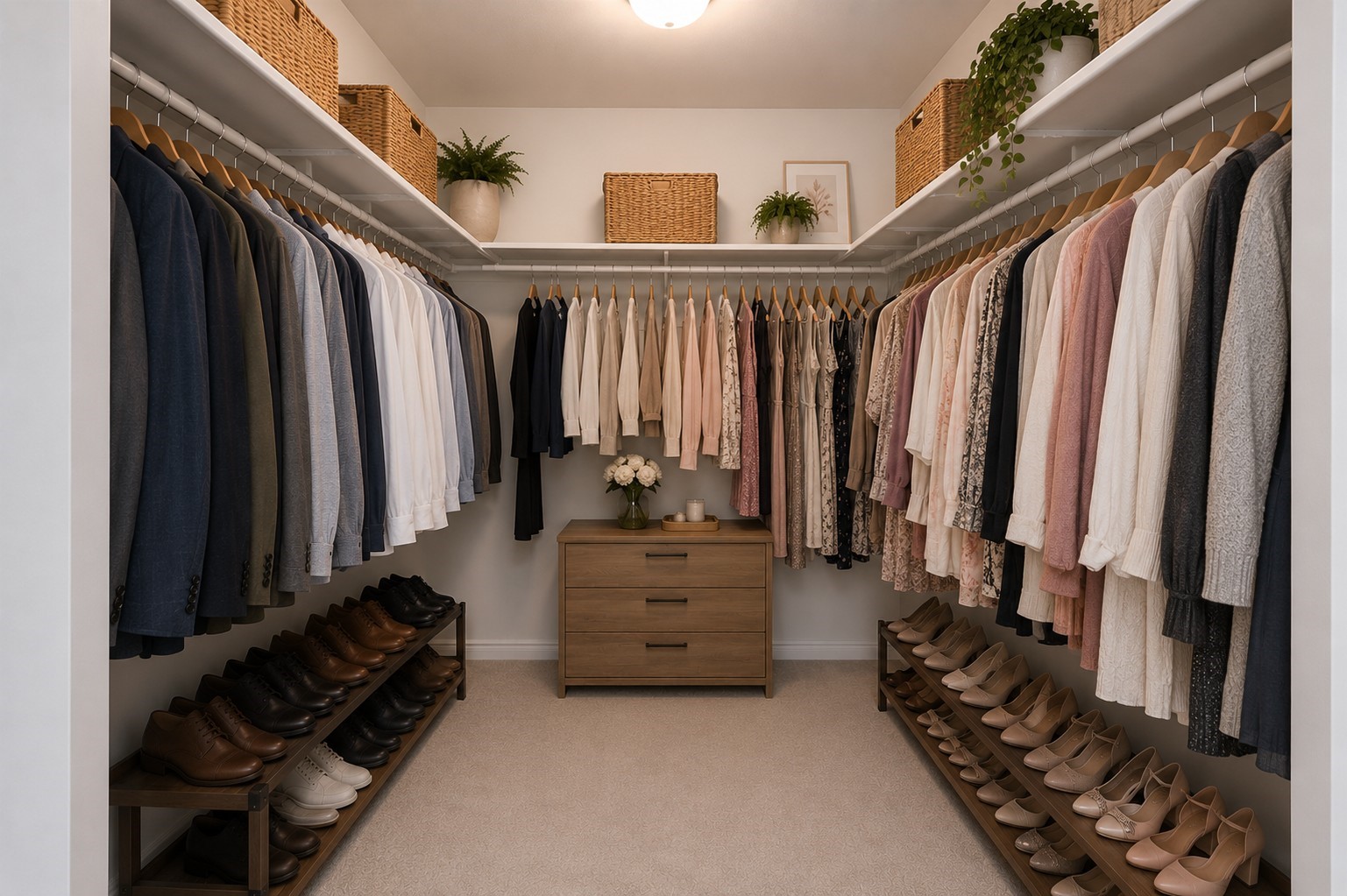This spacious, well-lit walk-in closet features dual hanging rods and carpeted flooring, perfect for ample storage and organization. Virtually staged to inspire design possibilities