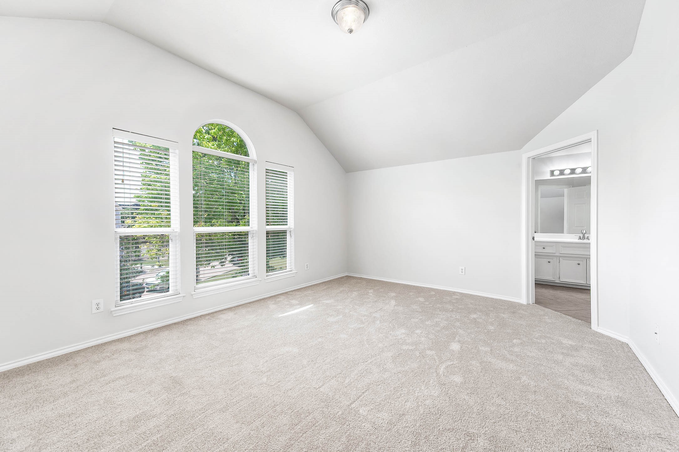 spacious bedroom features a vaulted ceiling, large arched window with views of outdoors greenery, new plush carpeting. An en-suite bathroom is conveniently accessible, adding comfort and privacy.
