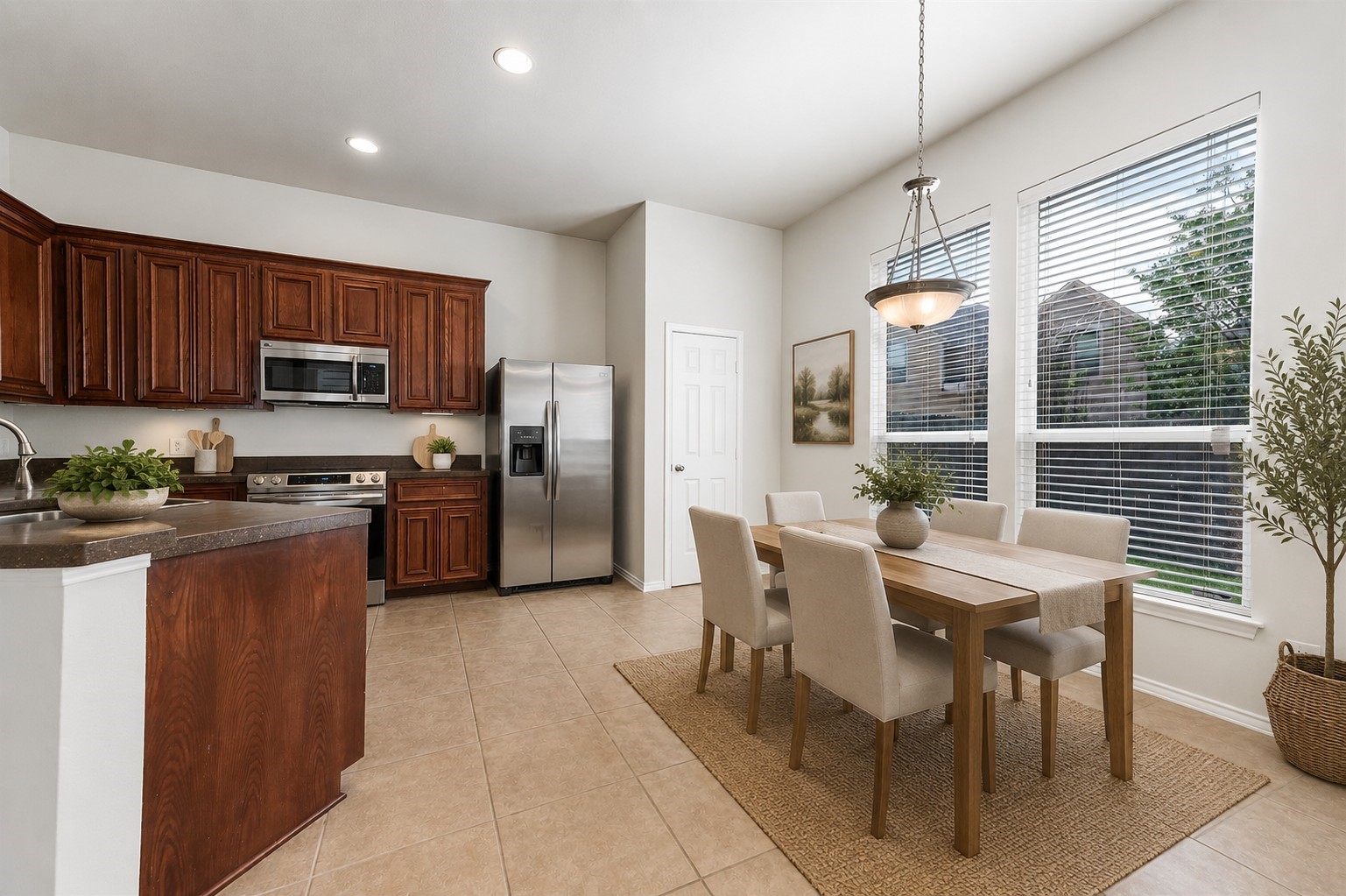 Large Kitchen windows provide views to backyard green space. Virtually staged to inspire design possibilities