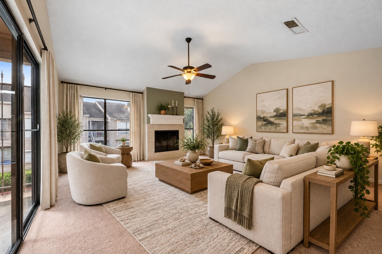 Living room with fire place.
(Virtually staged) Living room with fire place.
(Virtually staged)