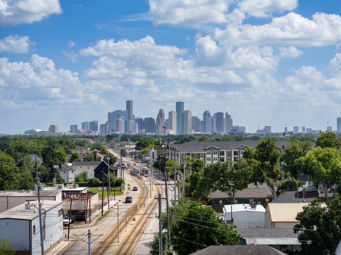 Stunning urban view with a vibrant city skyline, surrounded by lush greenery and charming neighborhood streets. Perfect blend of city life and suburban tranquility.