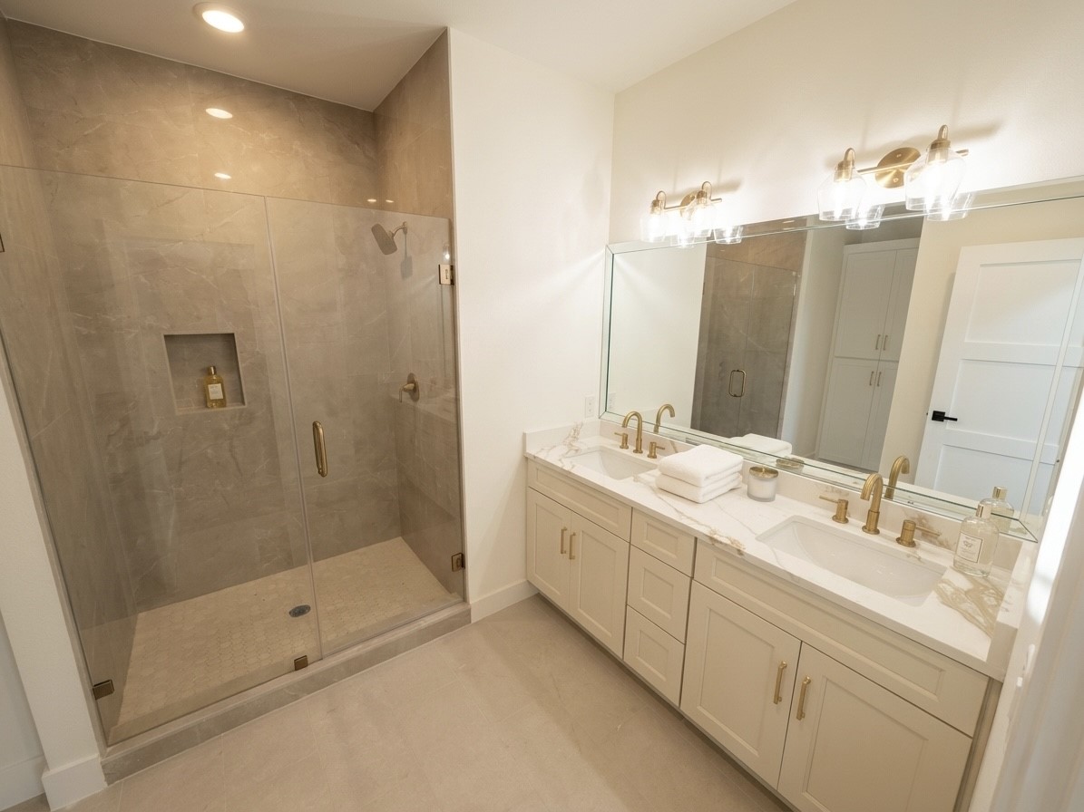 Elegant bathroom featuring a spacious glass-enclosed shower and a dual-sink vanity with sleek brass fixtures, providing a luxurious and modern feel.