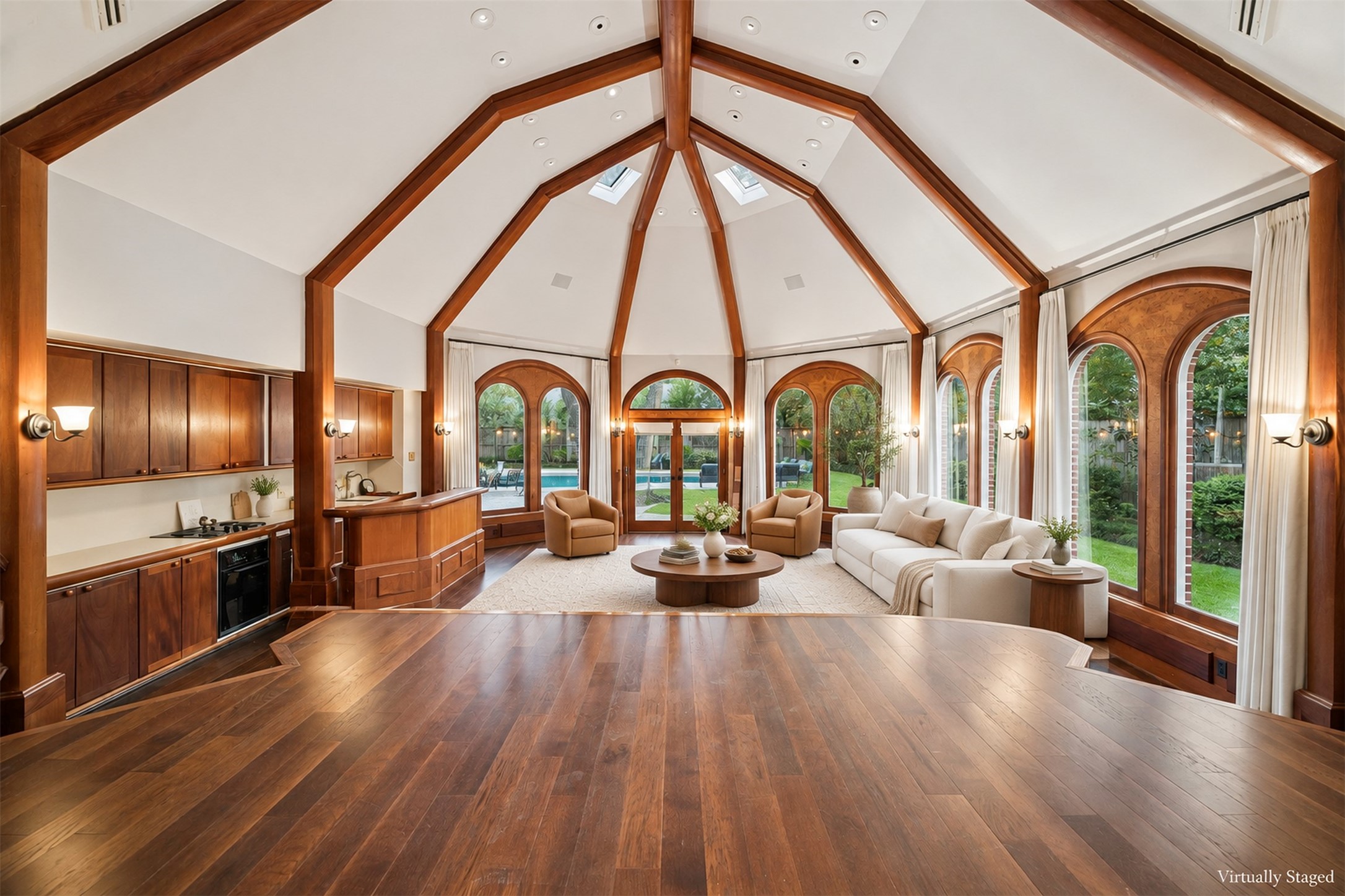 Virtually Staged - Pool house is accessible via backyard, driveway or garage.