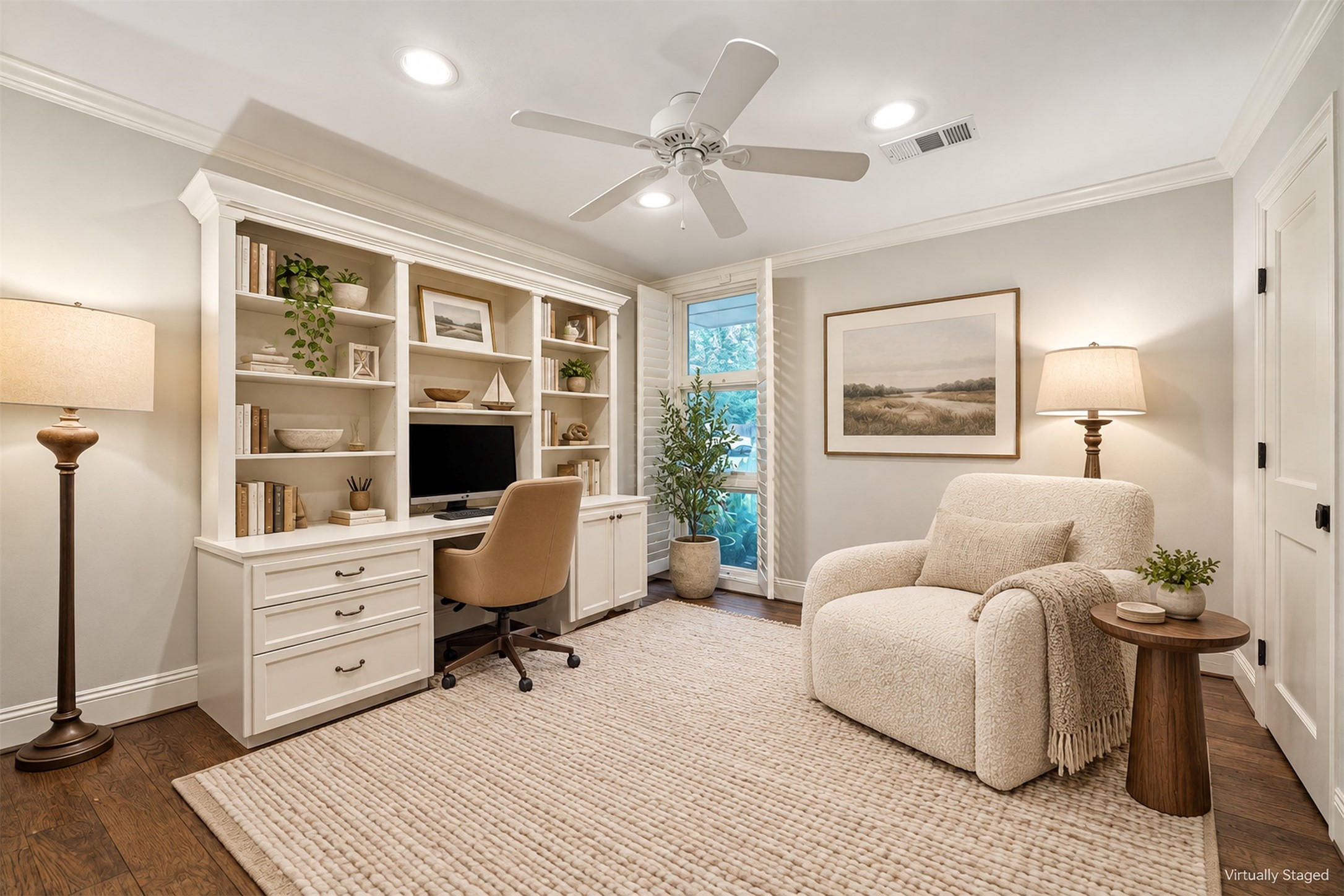 Virtually Staged - Versatile first-floor home office with a walk-in closet, offering the perfect space to convert into an additional bedroom.