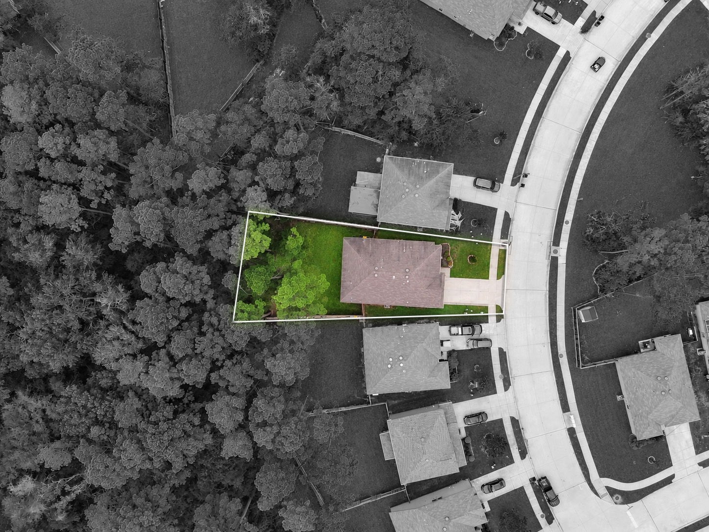 Look at that backyard! This aerial view highlights the property's generous outdoor space, fully fenced yard, and beautiful tree-filled surroundings.
