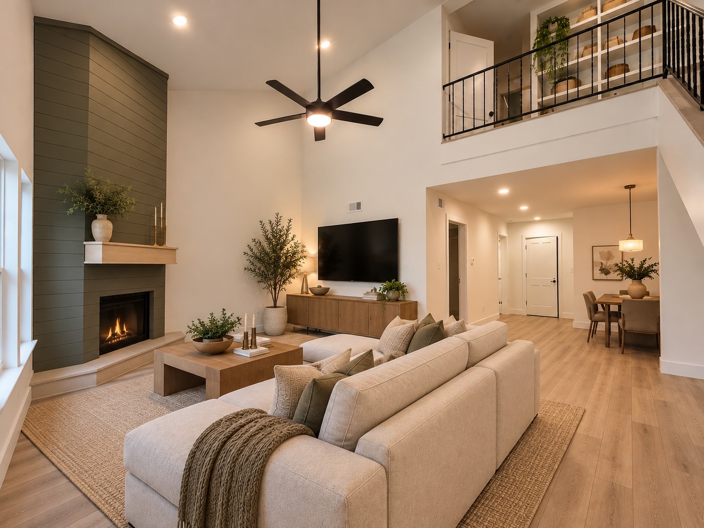 Vaulted ceilings, customized fireplace, grand living room has been virtually staged.