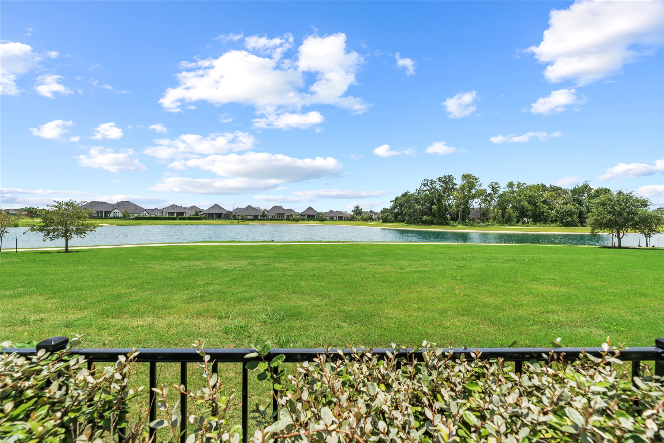 Serene panoramic view of the lake and surrounding mature trees right from your fully fenced back perimeter.