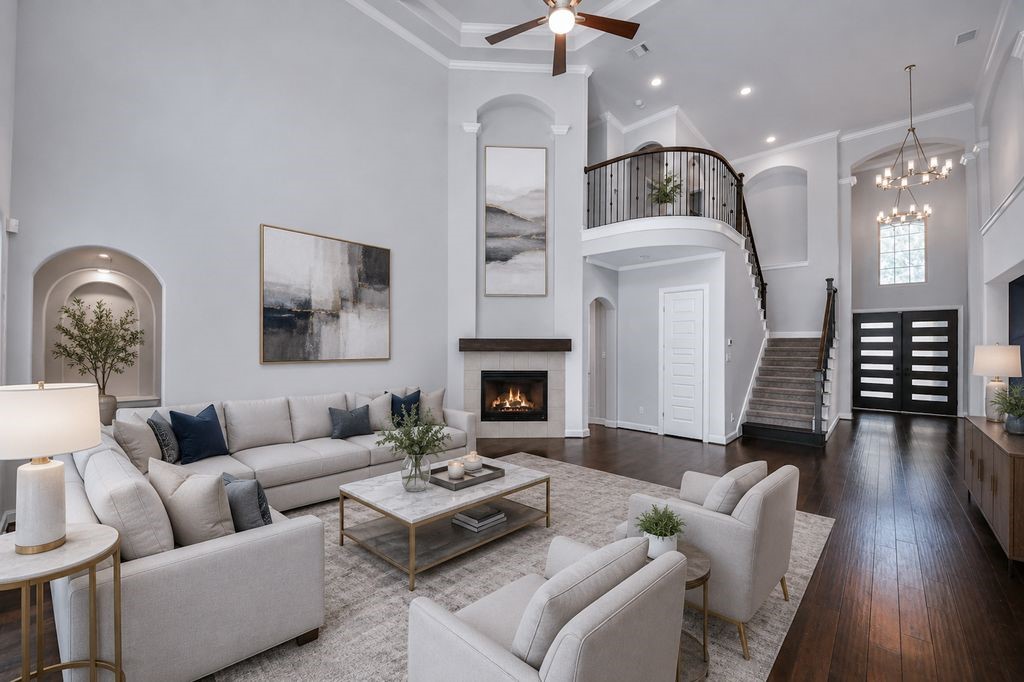 Virtually staged family room.