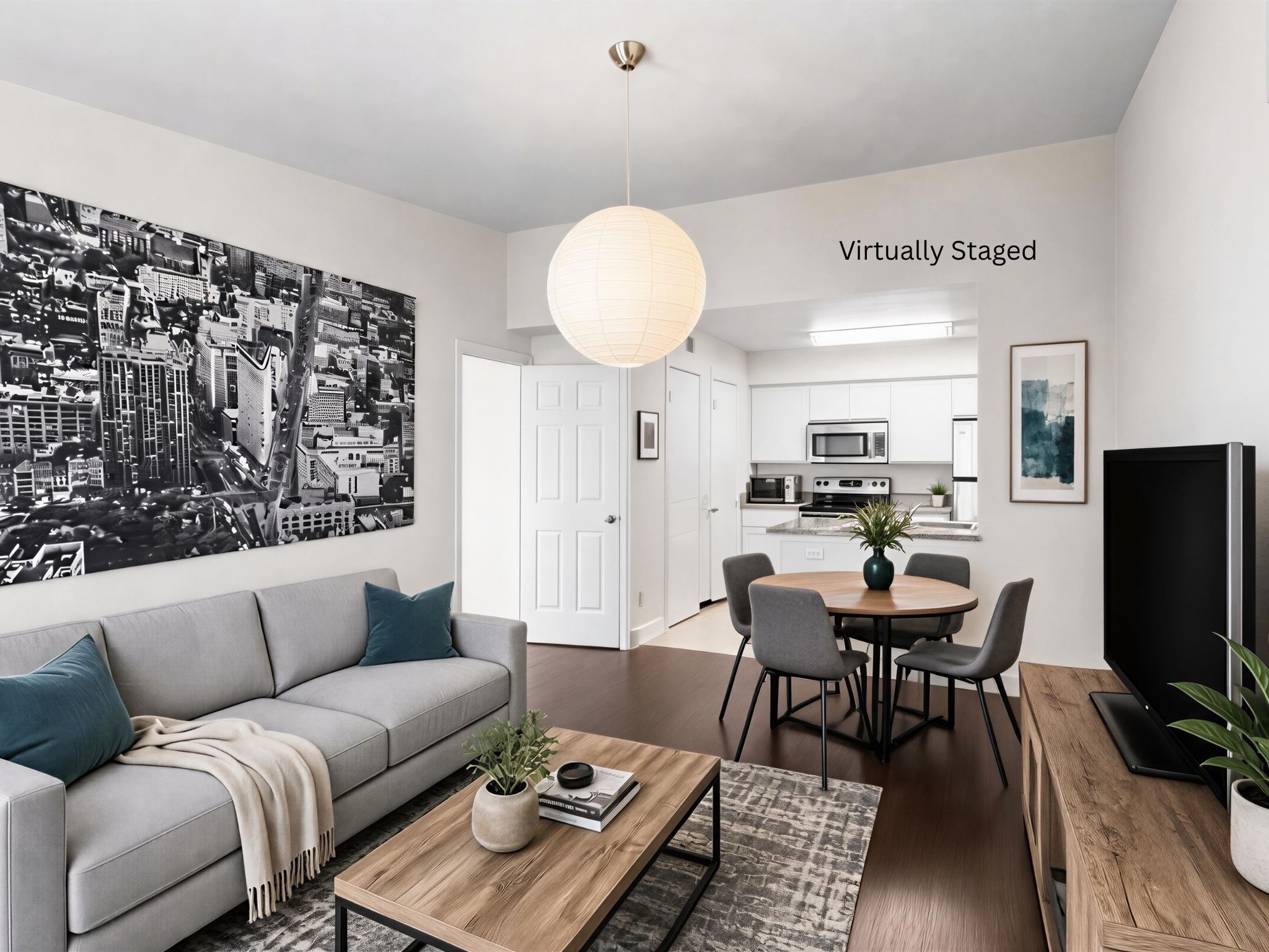 Virtually staged for visualization purposes only; furnishings are not included. Open-concept area provides flexibility for defining both living and dining spaces.