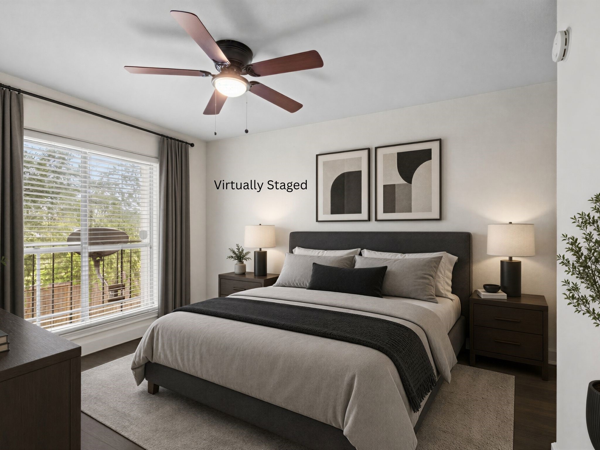 Virtually staged for visualization purposes only; furnishings are not included. Comfortable bedroom offers space for a personalized retreat with natural light and a flexible layout.