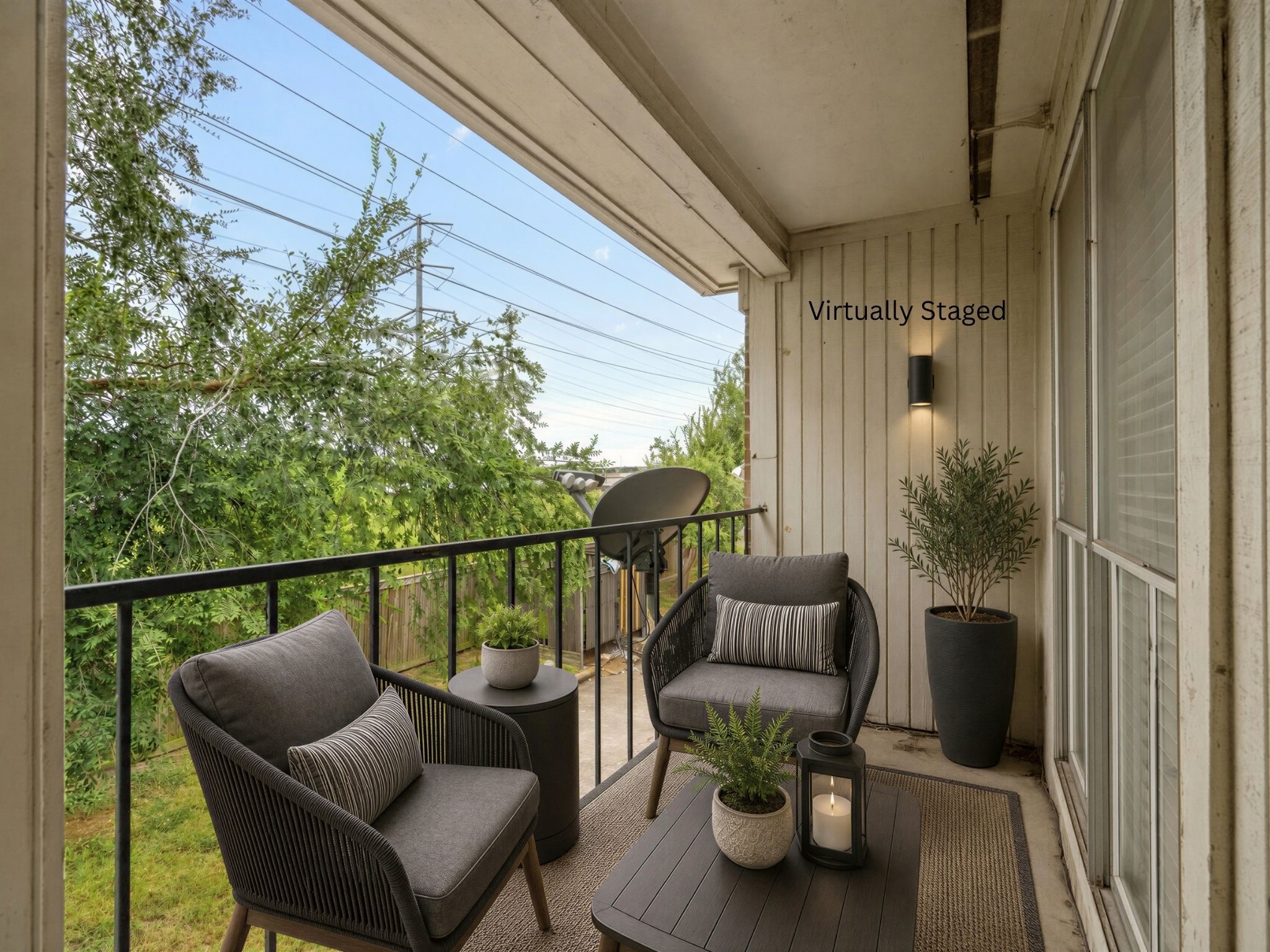 Virtually staged for visualization purposes only; furnishings are not included. Private balcony offers additional outdoor space that can be personalized for relaxing or enjoying the surrounding views.