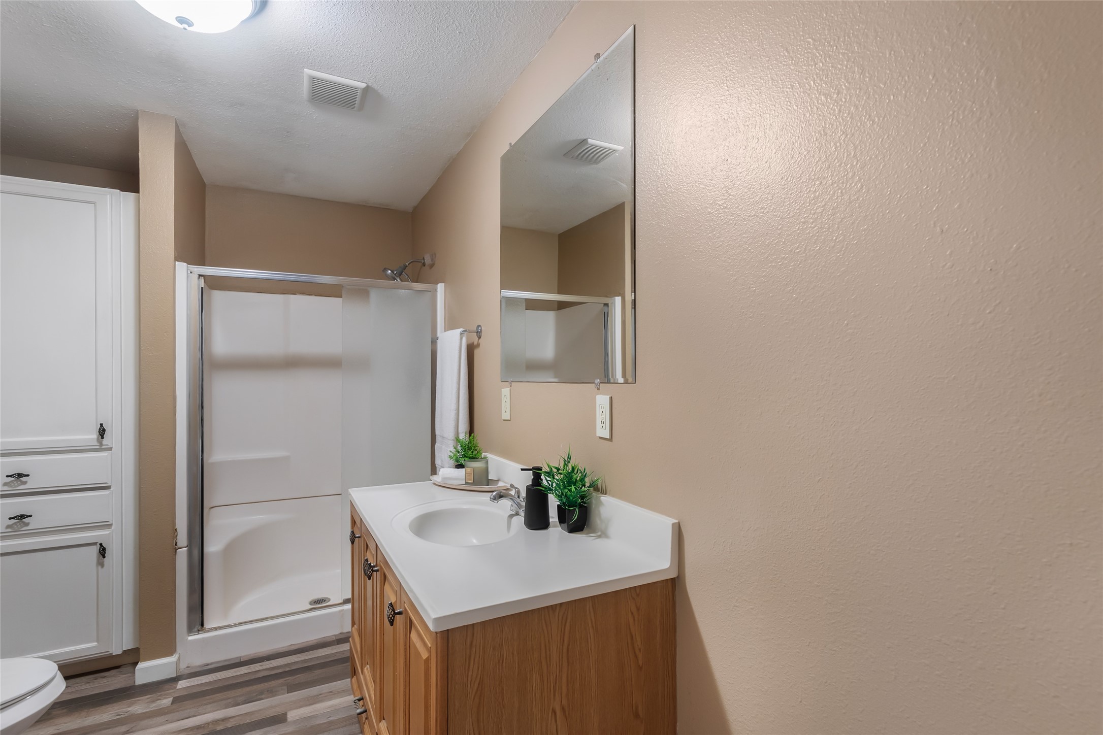 Full bathroom with vanity, ample storage and walk-in shower.
