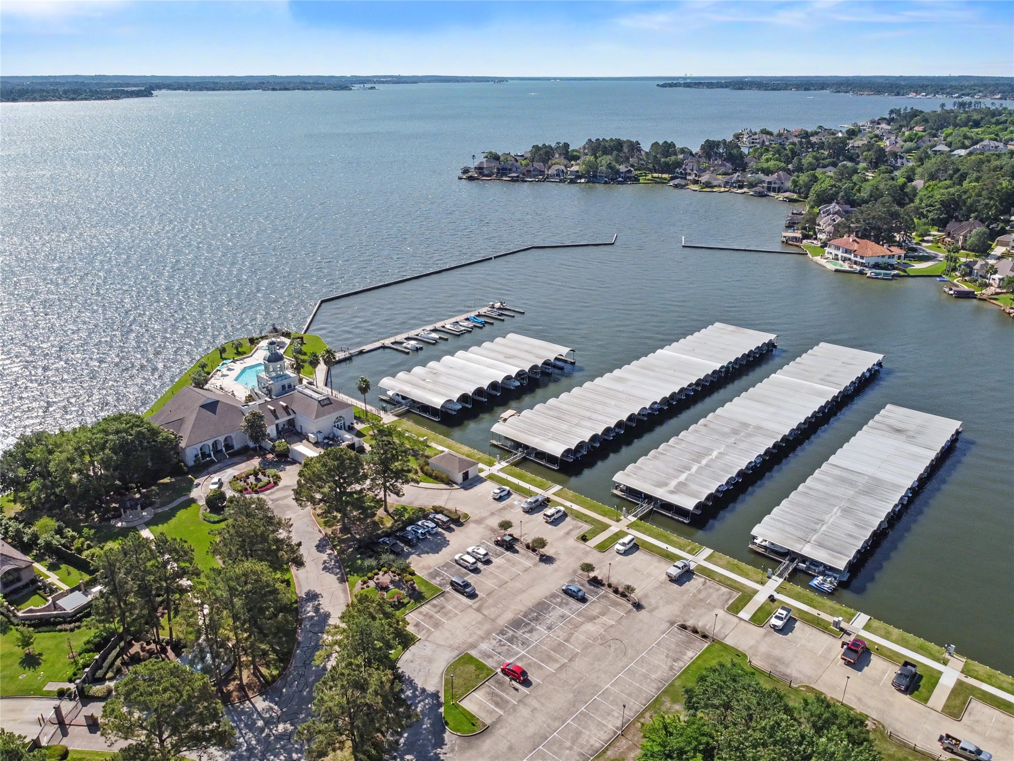 Expansive covered boat slips along the beautiful Lake Conroe shoreline.