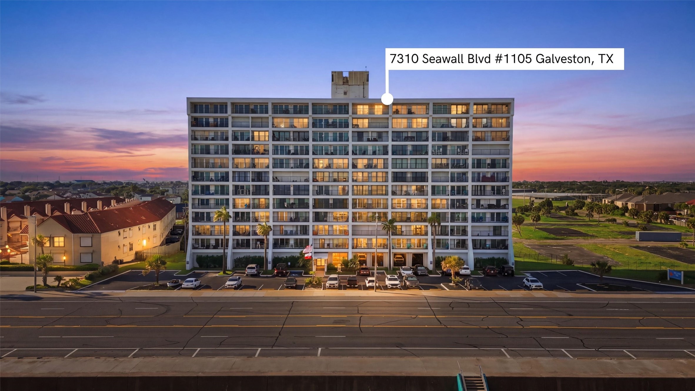 Stunning beachfront high-rise offers breathtaking sunset views and modern living at 7310 Seawall Blvd, Galveston, TX. Enjoy a prime location with easy access to the beach and local amenities.