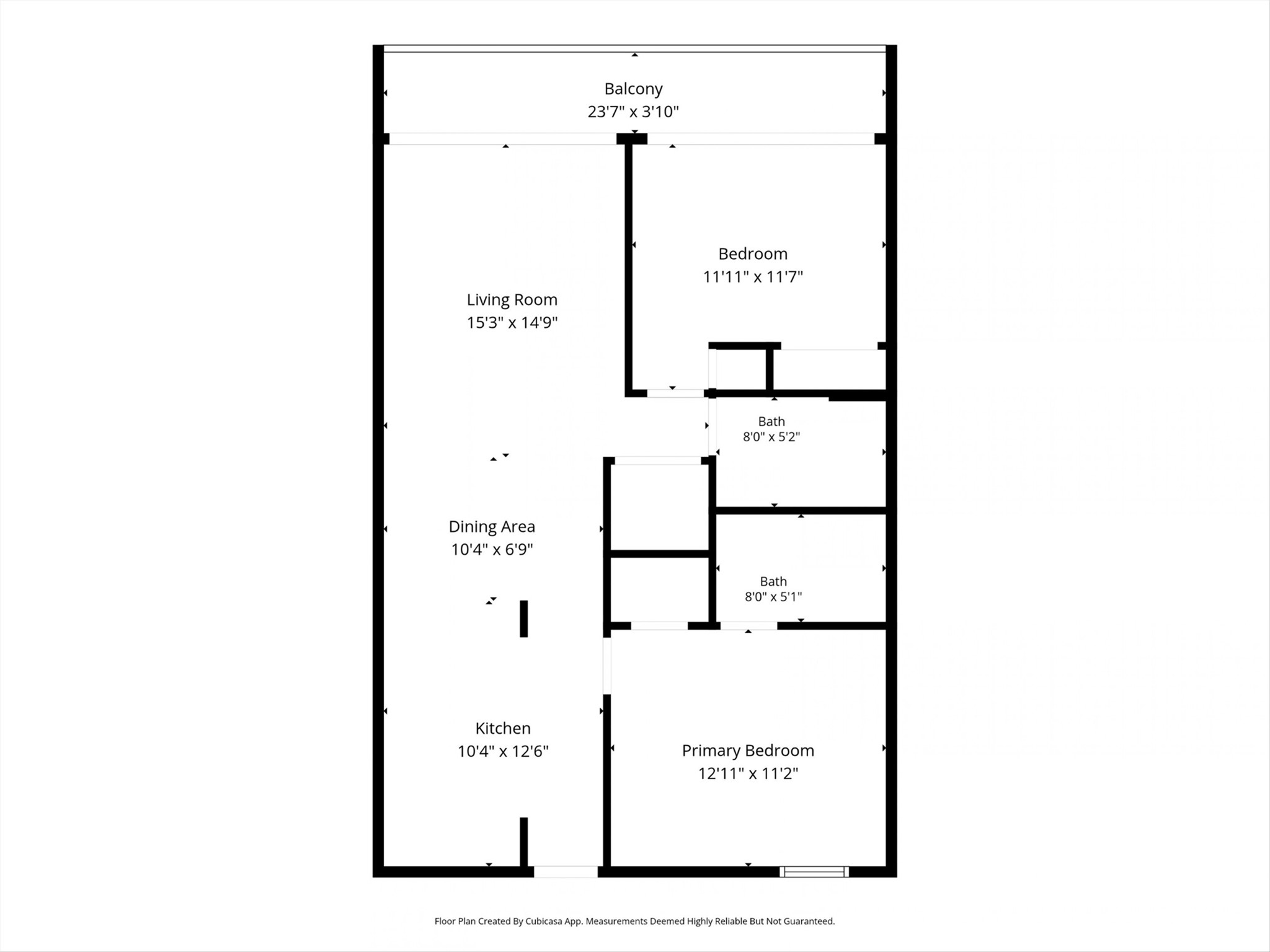 Spacious floor plan featuring a large living room with access to a generous balcony, two bedrooms, and a conveniently located kitchen and dining area. Two bathrooms provide comfort and functionality.