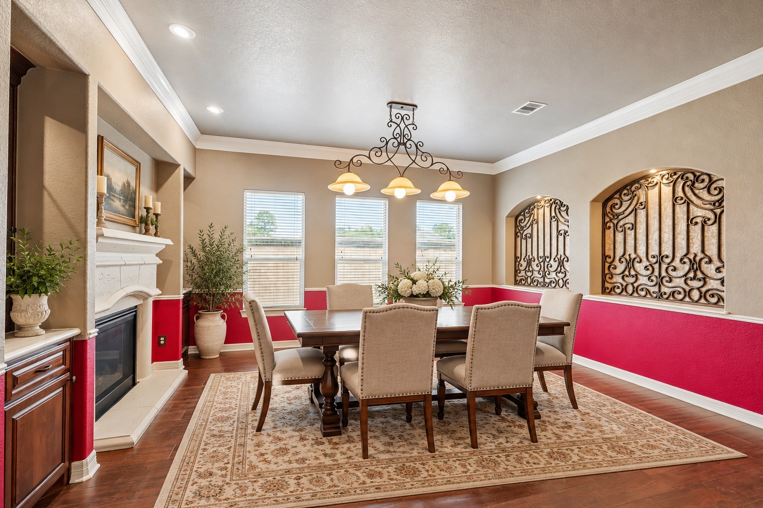 Virtually Staged.- The formal dining room shares the double sided fireplace