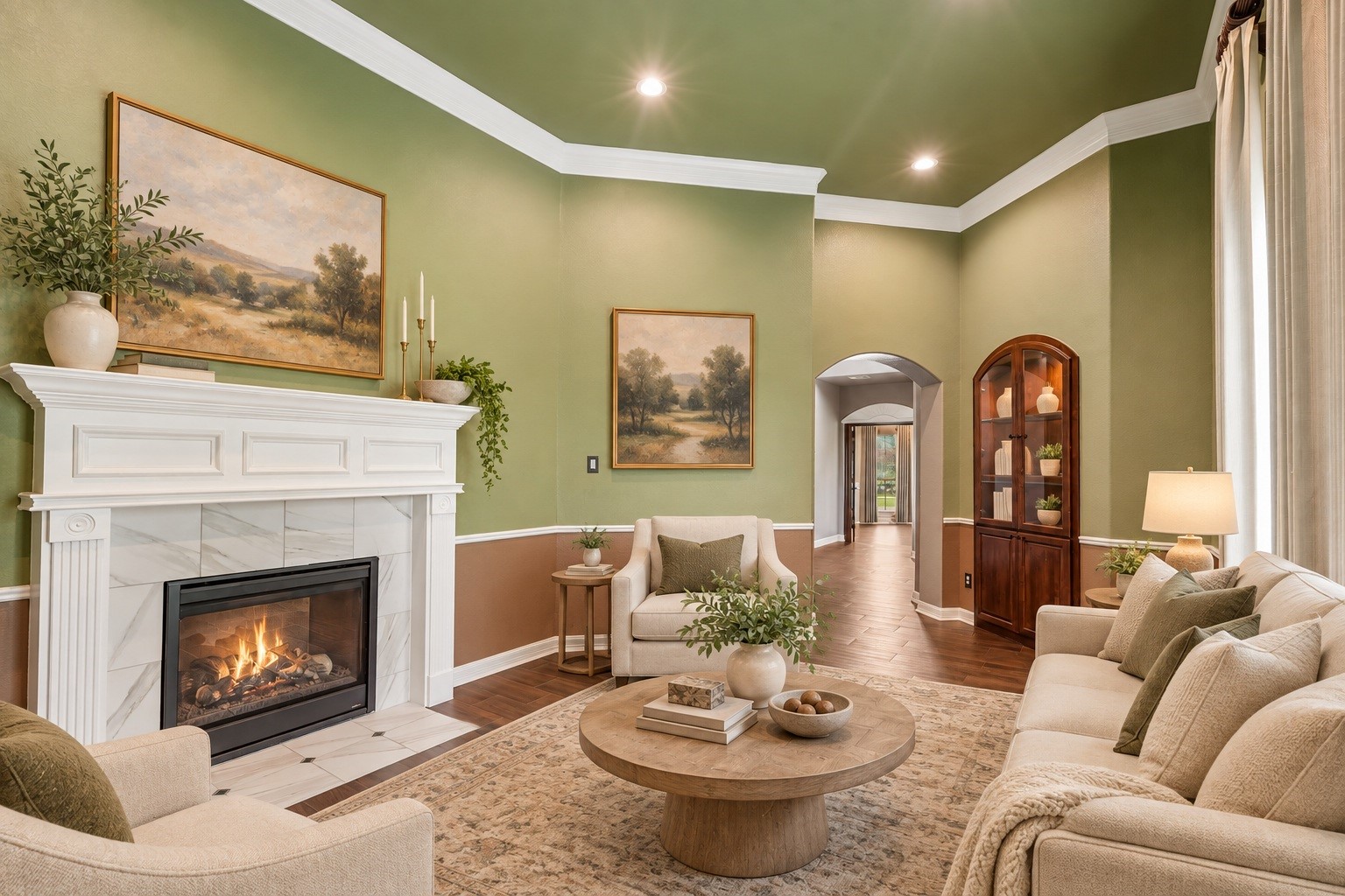 Virtually Staged. A formal sitting room or flex room off to the left of the entry with a double sided fireplace