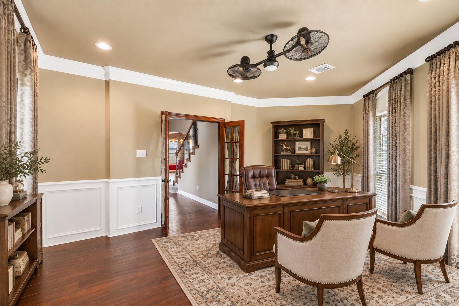 Virtually Staged-French doors and great natural lighting give the study a nice rich feel.