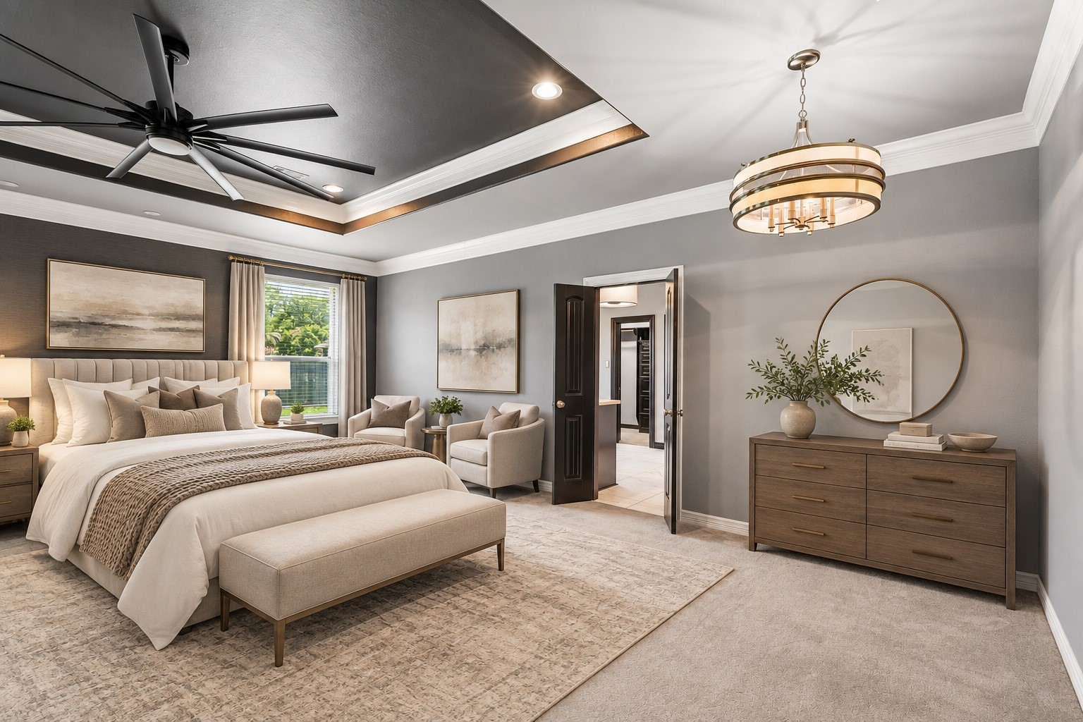 Virtually Staged. Primary Bedroom located on 1st floor with trayed ceilings