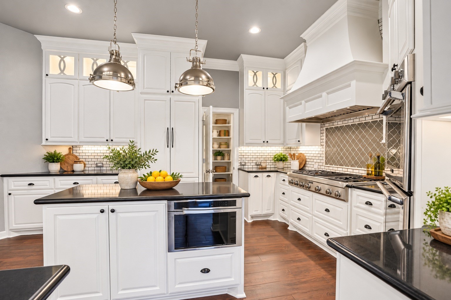 Virtually Staged. So much counter space and plenty of cabinets and a hidden fridge!