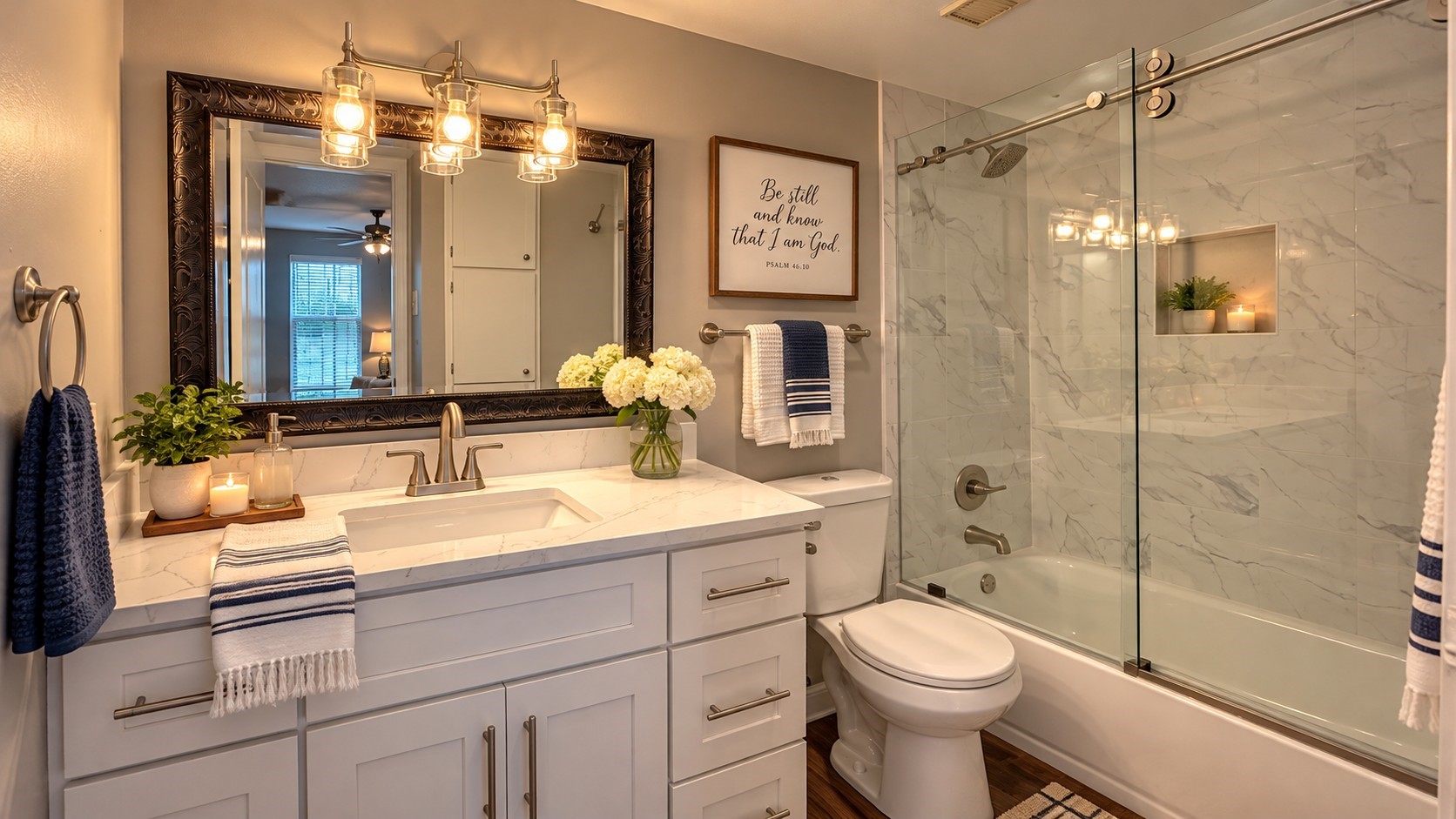 Virtually Staged: Beautifully updated bathroom featuring a white vanity, contemporary lighting, marble-look tub surround, and sliding glass shower doors. Virtually staged with decorative accessories.