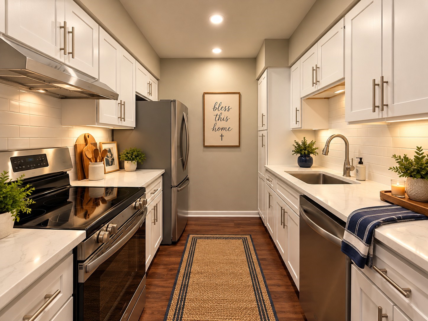Virtually Staged: Attractive galley kitchen featuring white shaker-style cabinetry, stainless steel appliances, subway tile backsplash, and generous countertop space. Virtually staged with decorative accessories.