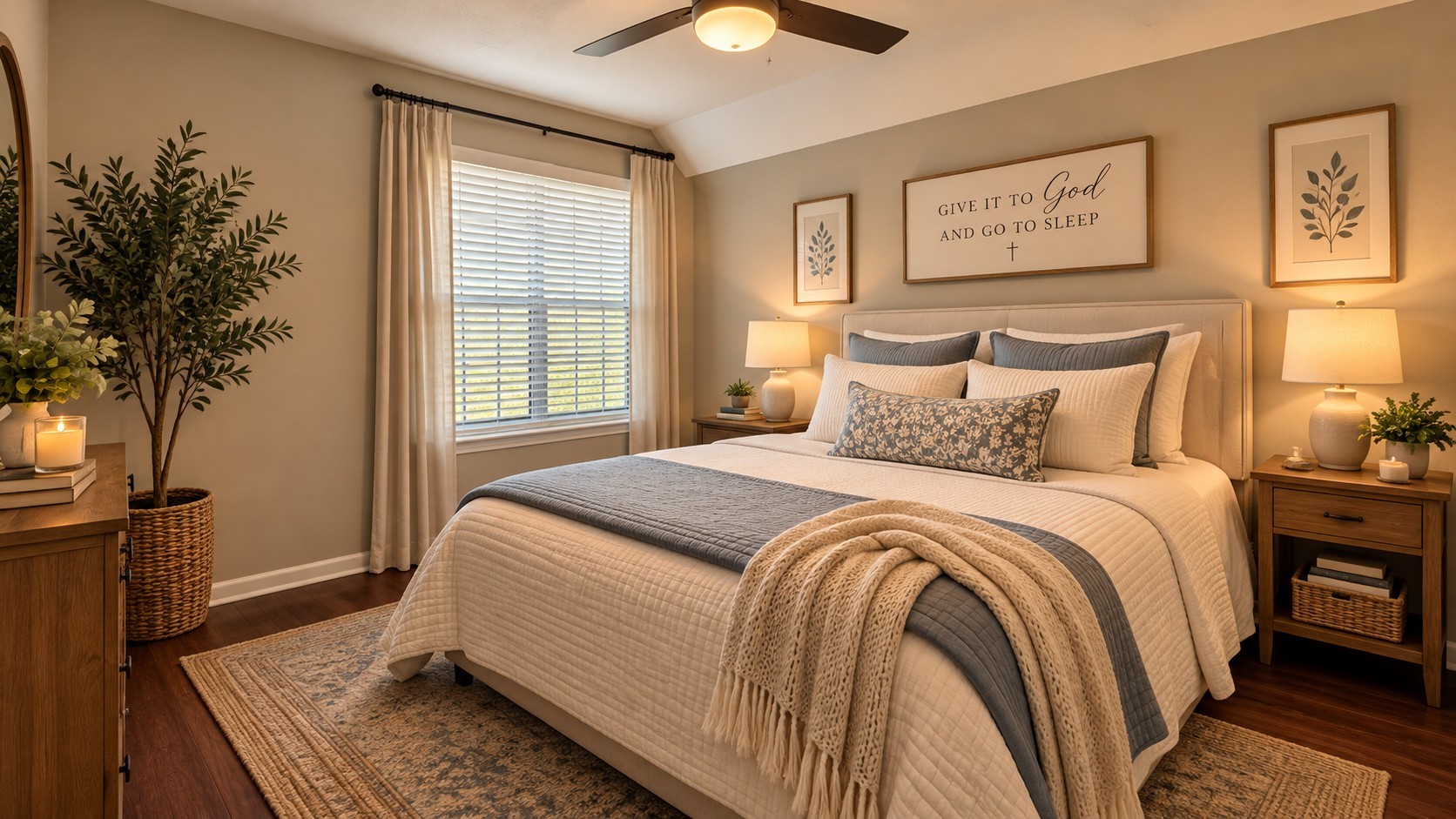 Virtually Staged: Inviting bedroom featuring warm vinyl plank flooring, a ceiling fan, and natural light. Virtually staged to showcase a comfortable and relaxing retreat.