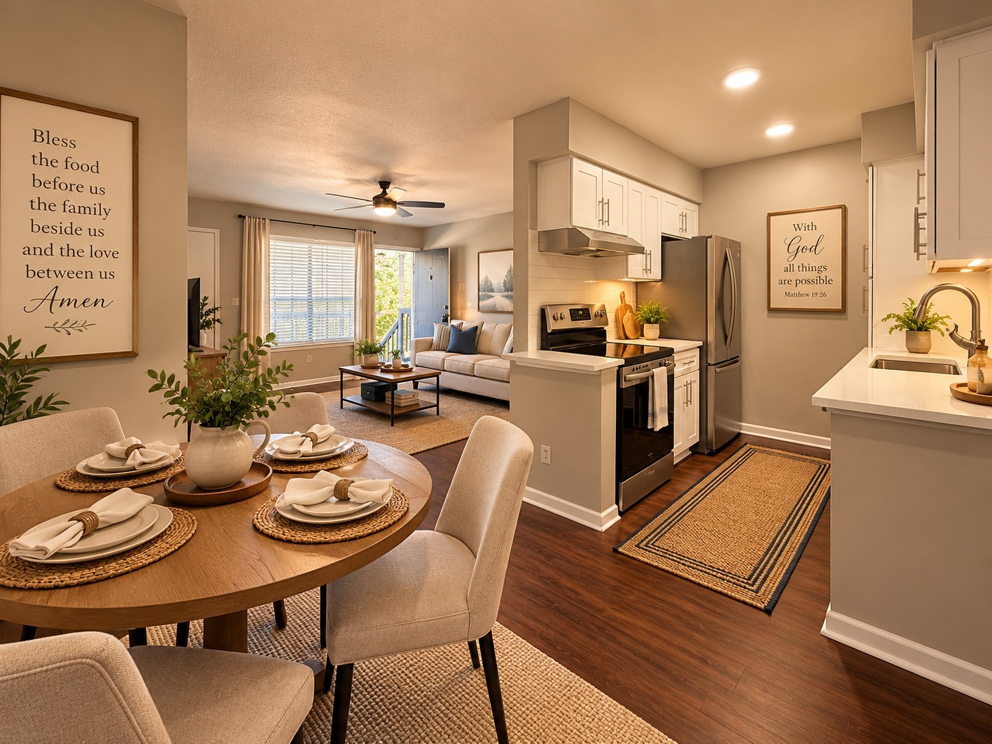 Dining, Kitchen & Living  Virtually Staged: Open-concept living and dining areas flow seamlessly into the updated kitchen, creating a comfortable and functional layout. Virtually staged to illustrate furniture placement and everyday living.