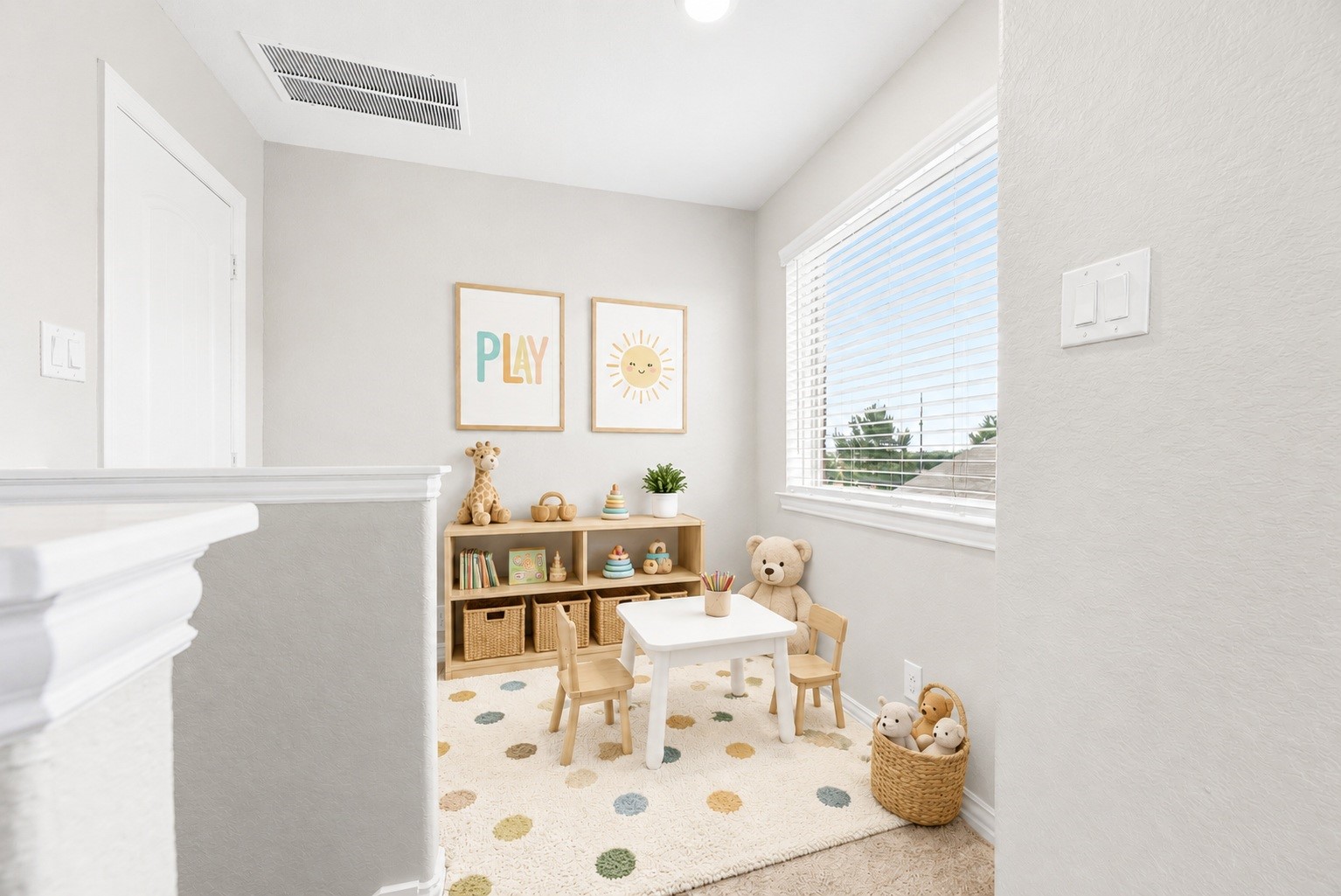 Upstairs flex space offers a versatile spot for a play area, reading nook, or creative space. Virtually staged.