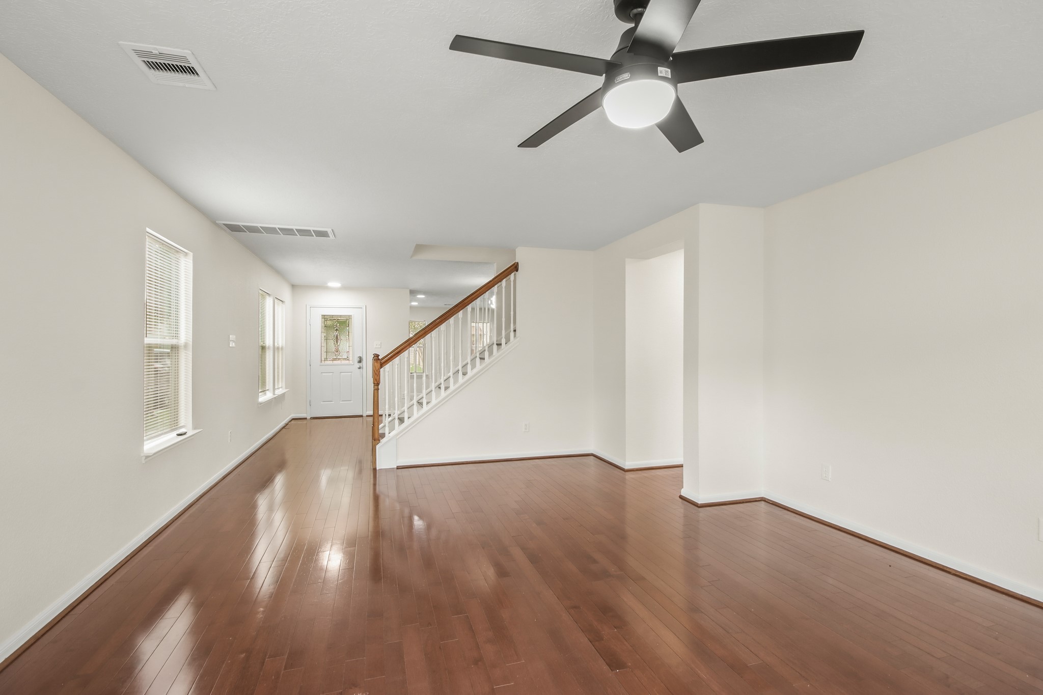 This angle shows the smooth transition between the dining and living room. This angle shows the smooth transition between the dining and living room.