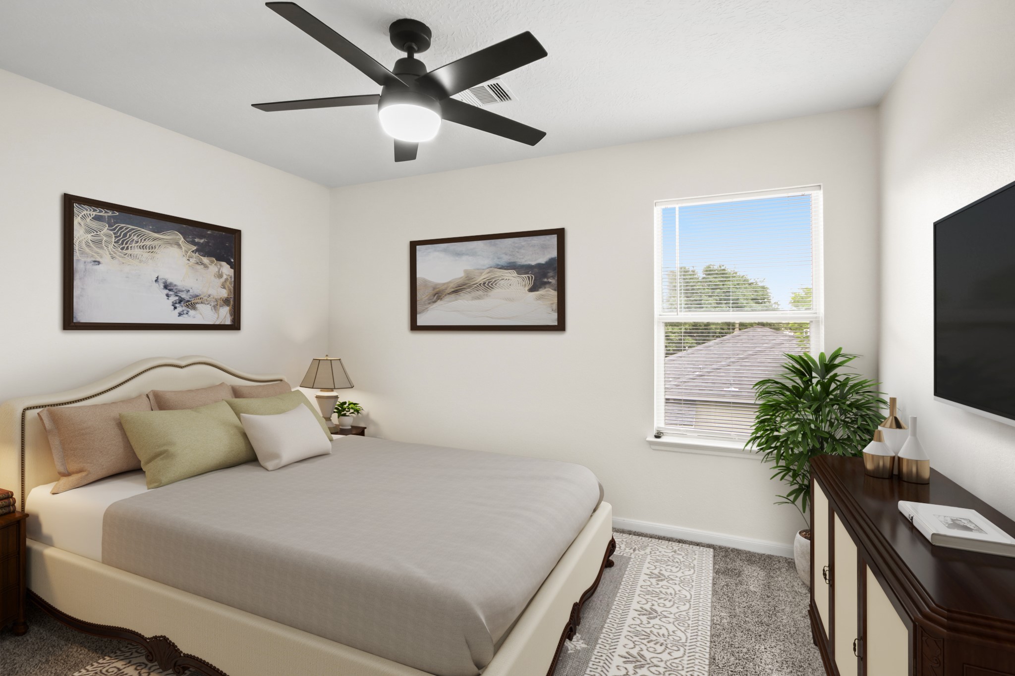 Virtually Staged: Bright and airy secondary bedroom enhanced by carpet floors, a window with privacy blinds, and a ceiling fan.