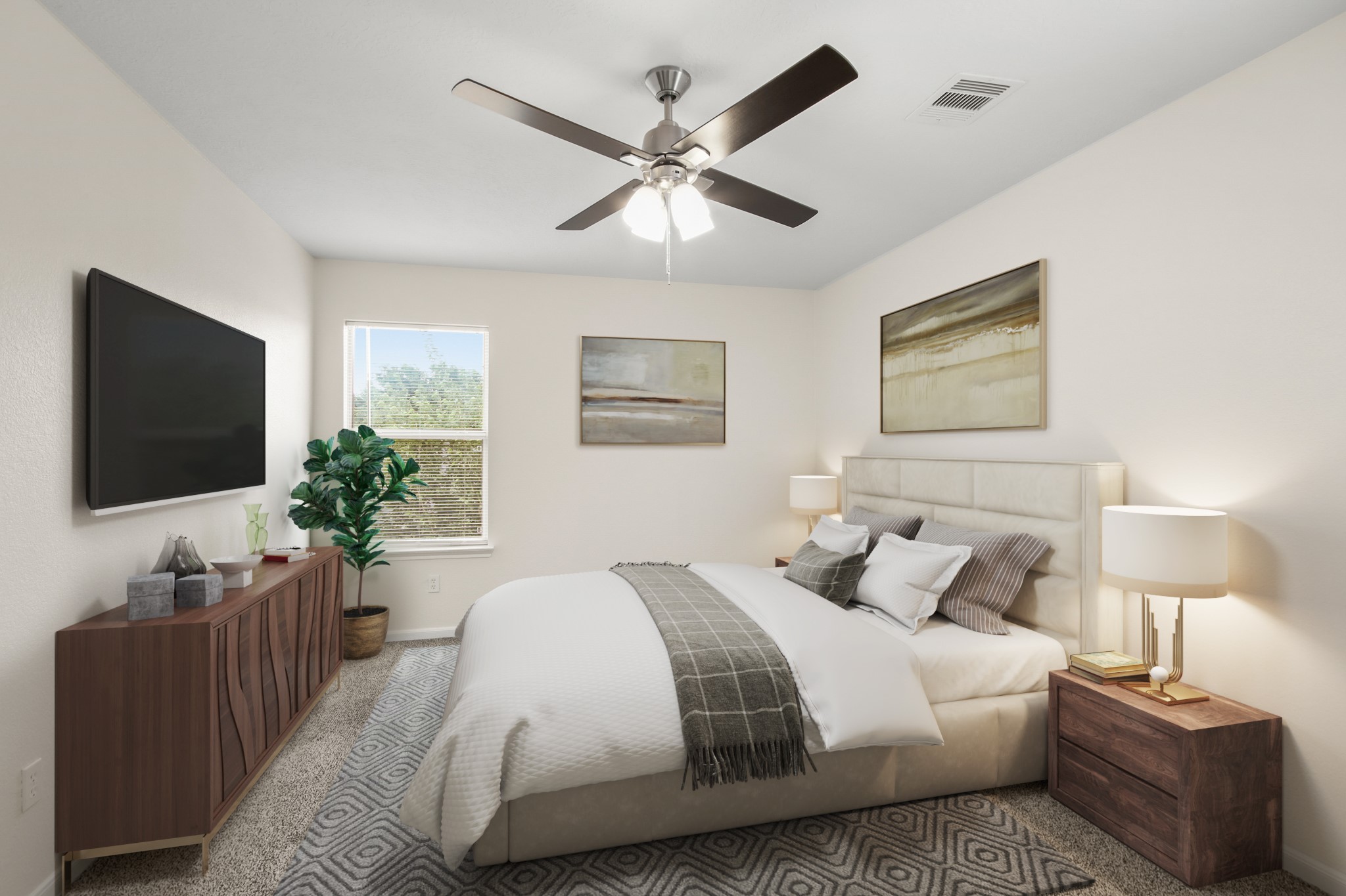 Virtually Staged: This secondary bedroom features carpet floors, a ceiling fan, and a window with privacy blinds.