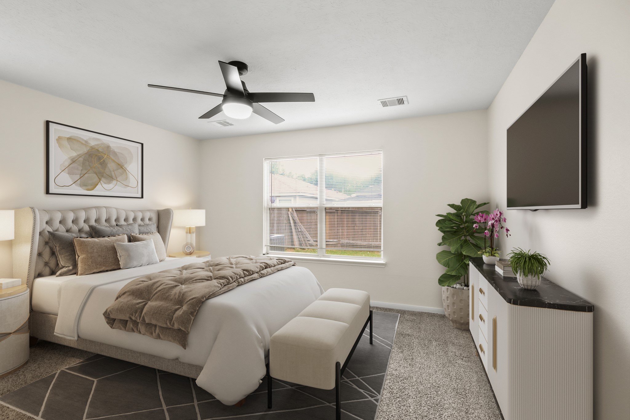 Virtually Staged: Unwind after a long day in this spacious master bedroom featuring carpet floors, a ceiling fan, and an amazing view of your backyard thanks to the large windows with privacy blinds.