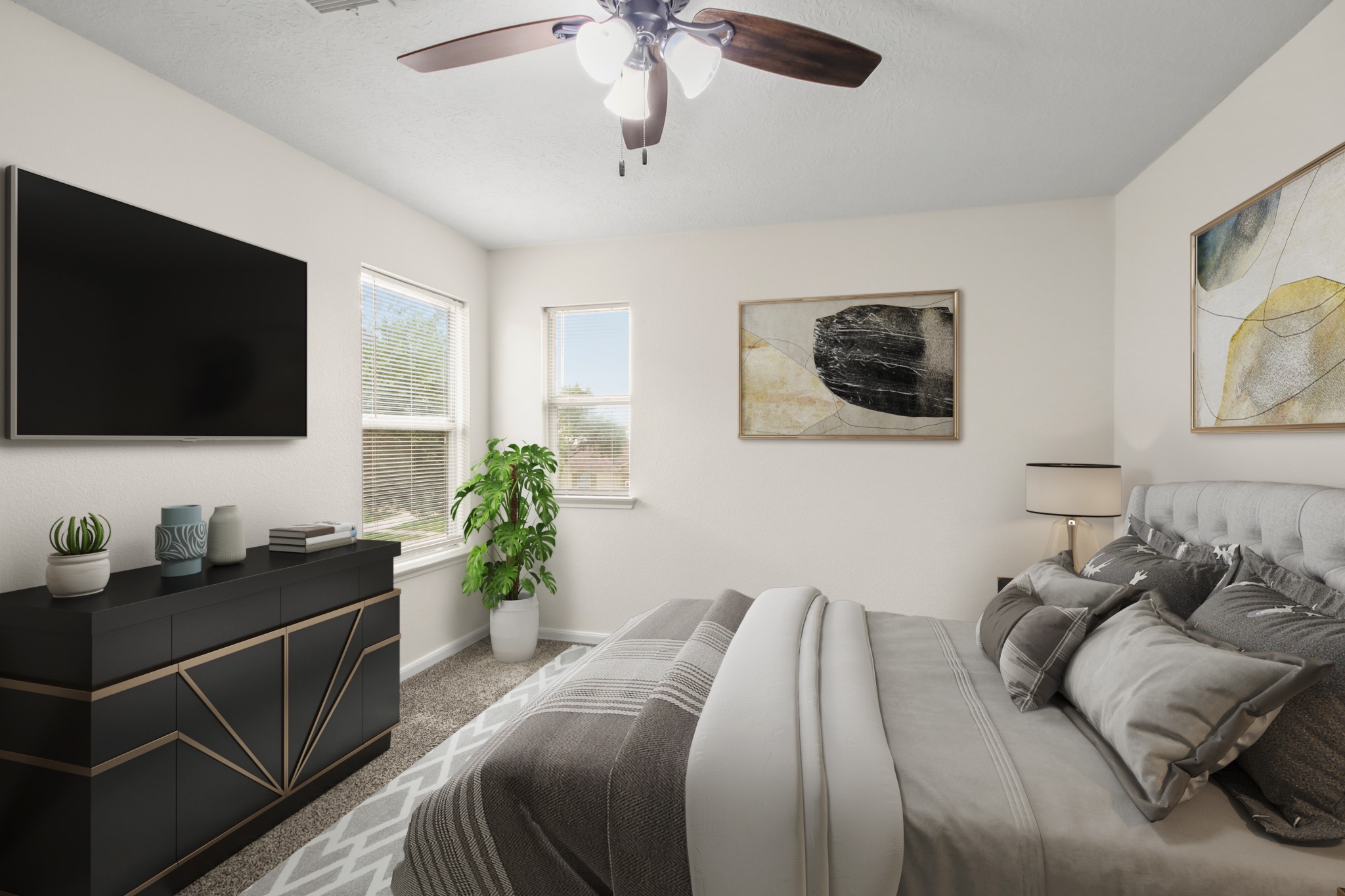 Virtually Staged: Secondary bedroom with carpet floors, a ceiling fan, and abundant natural light pours through the windows, offering a pleasant view of the backyard.
