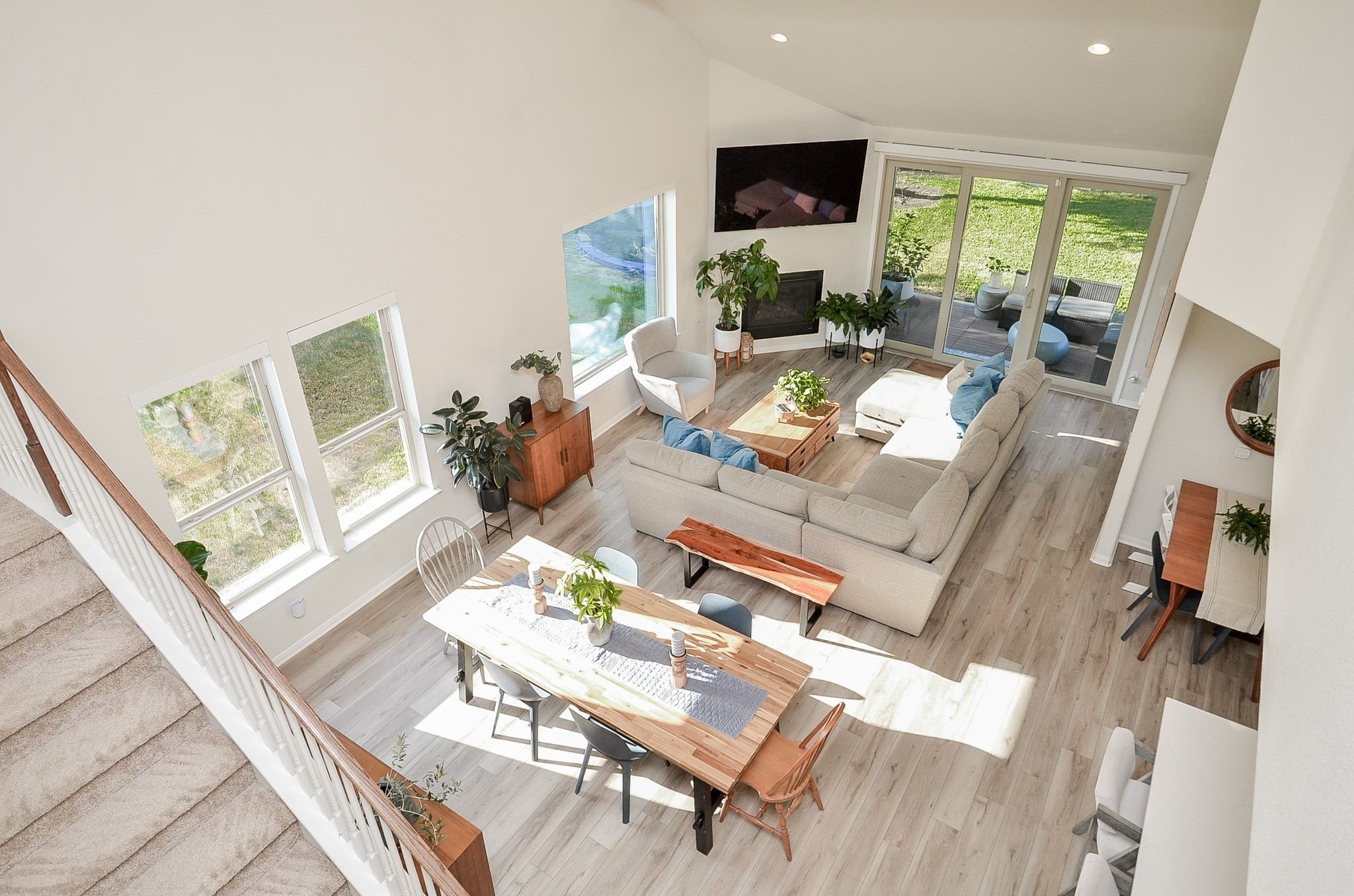 View from above showcasing the open-concept living and dining areas.