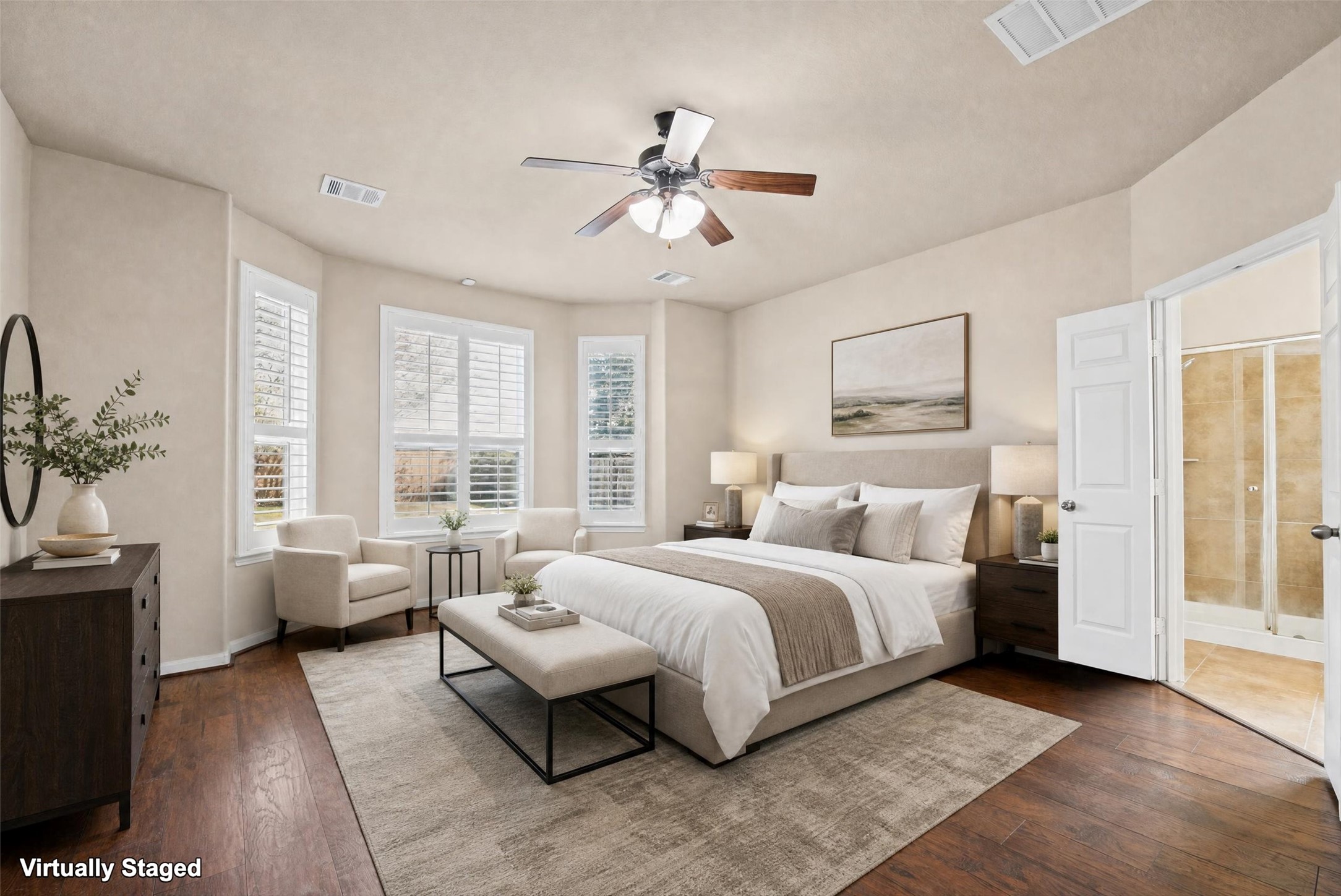 Virtually staged primary bedroom.