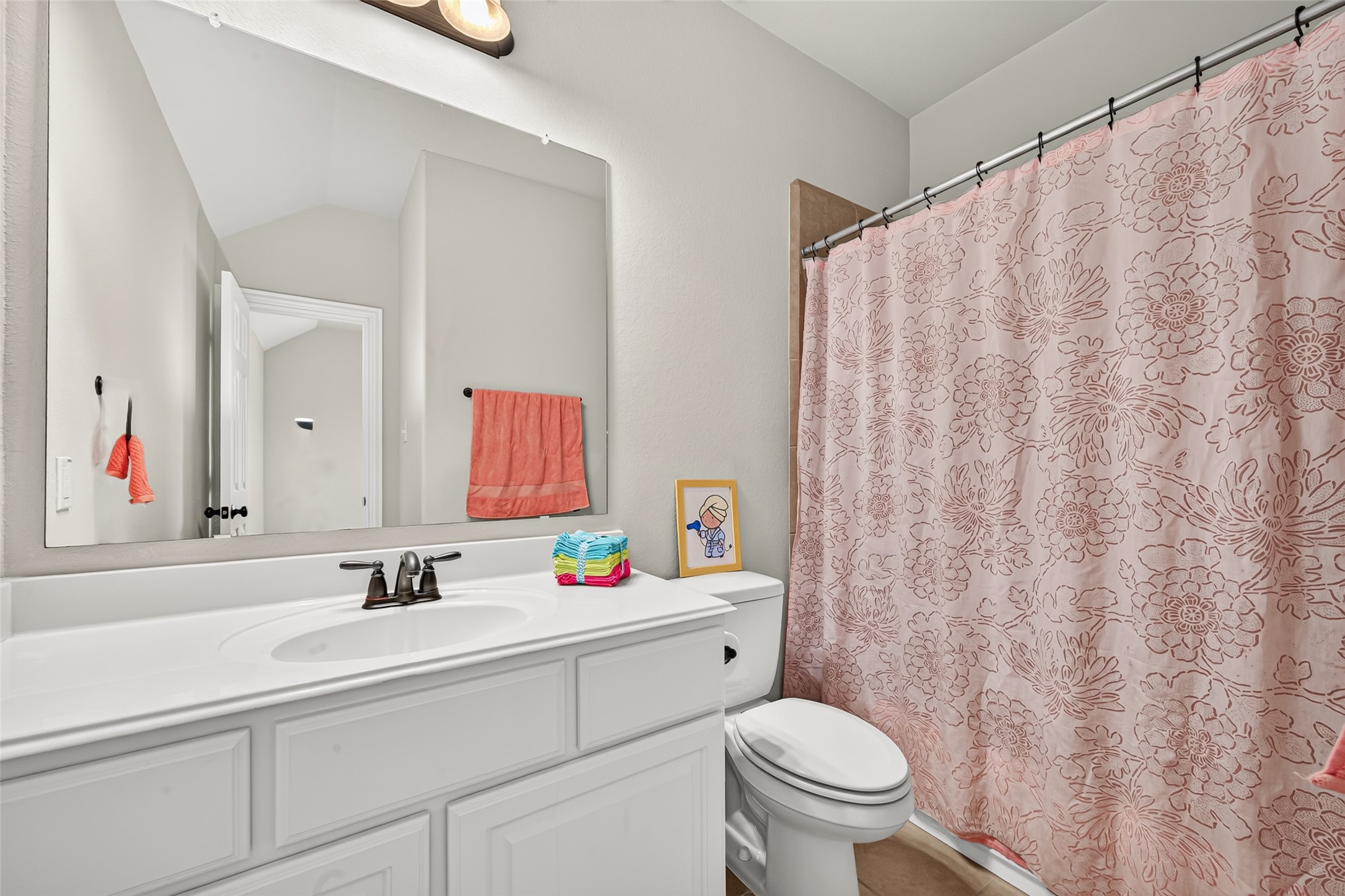 Bathroom vanity and shower curtain