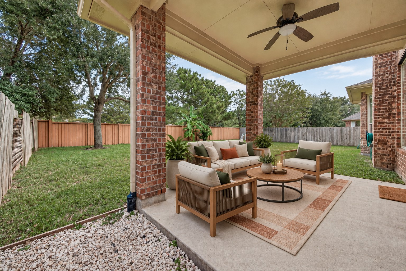 Covered patio for relaxed evenings outdoors (Virtually staged)