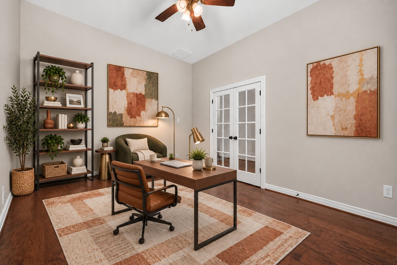 Flex room with French doors, shown as a home office (Virtually staged)