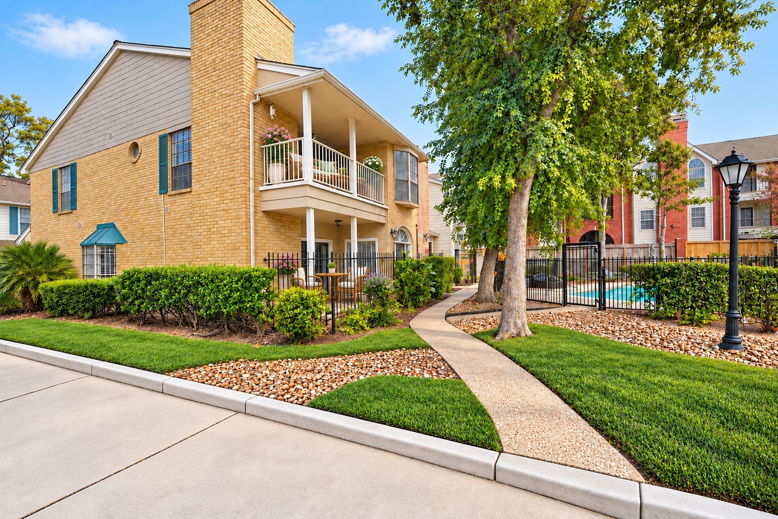 Charming brick townhome with a private fenced patio and covered upstairs balcony, surrounded by mature trees and lush landscaping beside the community pool. Patio and balcony virtually staged.
