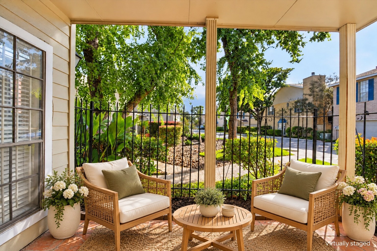 Private covered patio with terracotta tile flooring and decorative iron fencing, surrounded by mature trees and greenerya welcoming spot for morning coffee or evening relaxation.